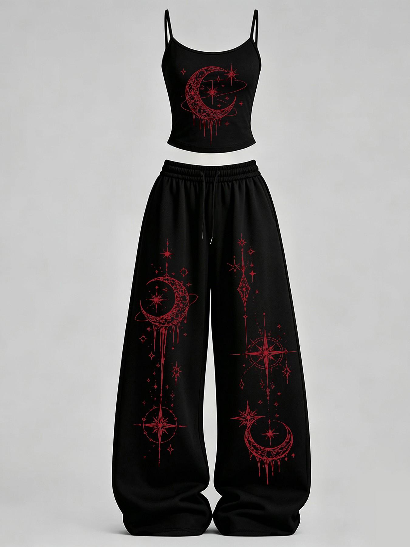 Women's Home Casual, Star Moon Astrology Print Slim Fit Tank Top + Loose Pants Set, Y2K, American Street Style, Daily Wear, Campus, Home Relax