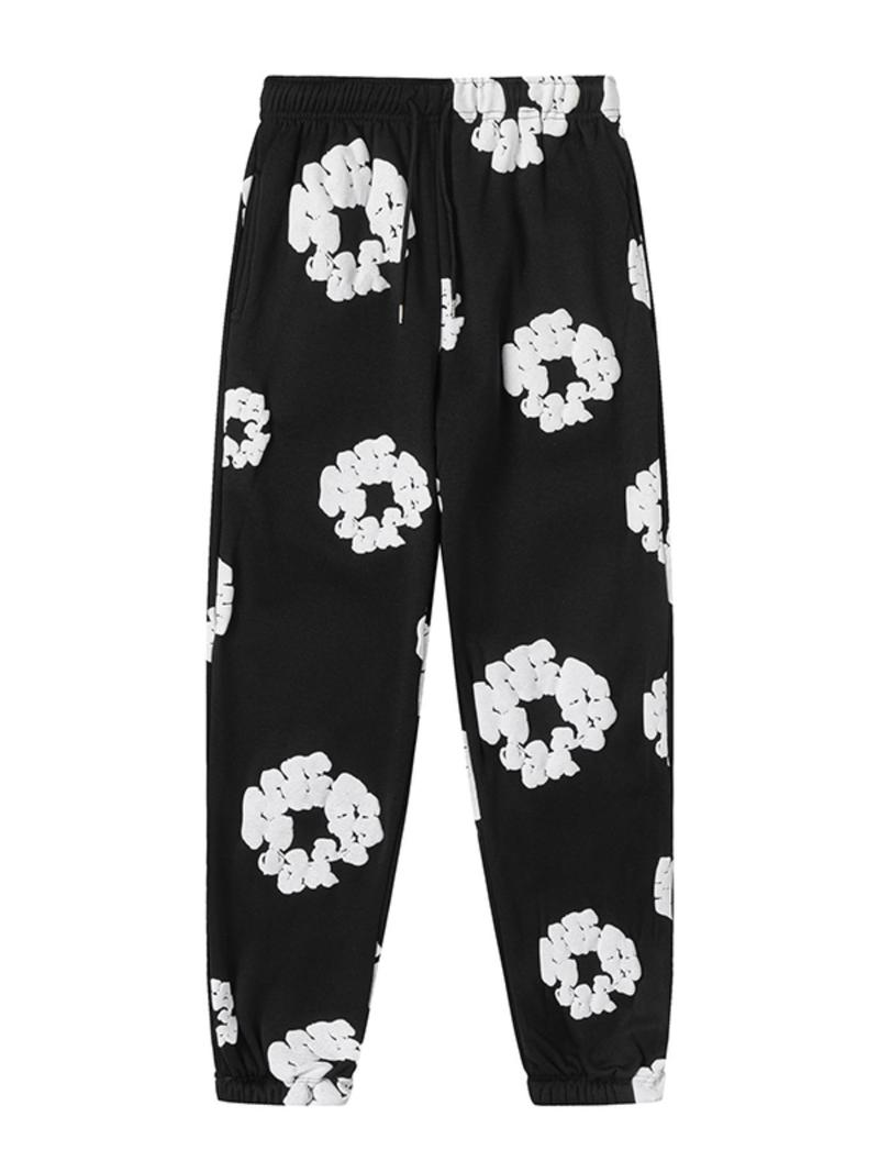 Autumn Winter Retro Floral Hip-Hop Loose Casual Pants, Casual Streetwear Trousers, Elastic Waist Pocket Sweatpants, Unisex Ring Design, Suitable for Fall & Winter