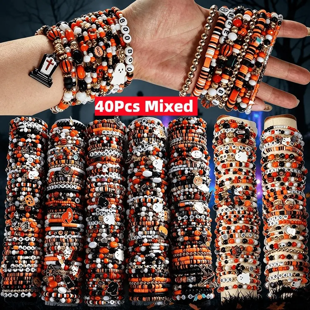 40Pcs Unisex Casual Halloween Matching Bracelet Stack - Decorative Spooky Style Bracelets & Bangles with Ghost Bats Charms, Festival Gift-Ready Fashion Accessories