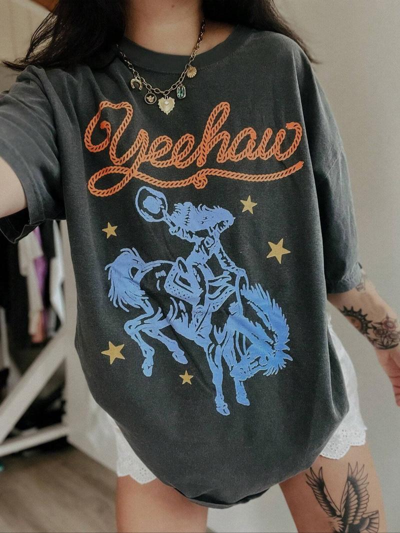 Women's Letter & Cowboy Print Drop Shoulder Tee, Casual Half Sleeve Round Neck T-shirt for Daily Wear, Ladies Clothes for All Seasons, Womenswear