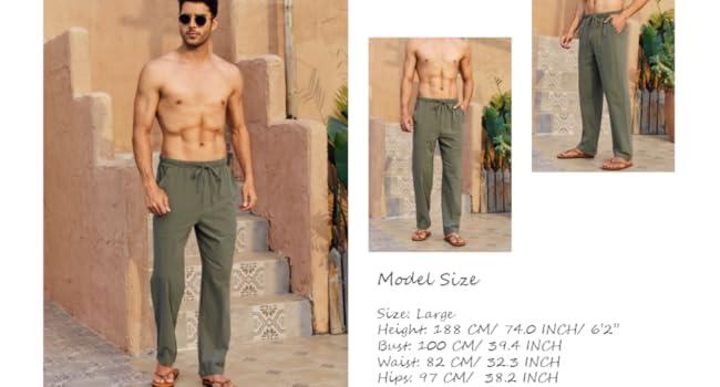 Runcati Men's Cotton Pants Yoga Beach Loose Summer Elastic Waist Drawstring Loose Pants with Pocket