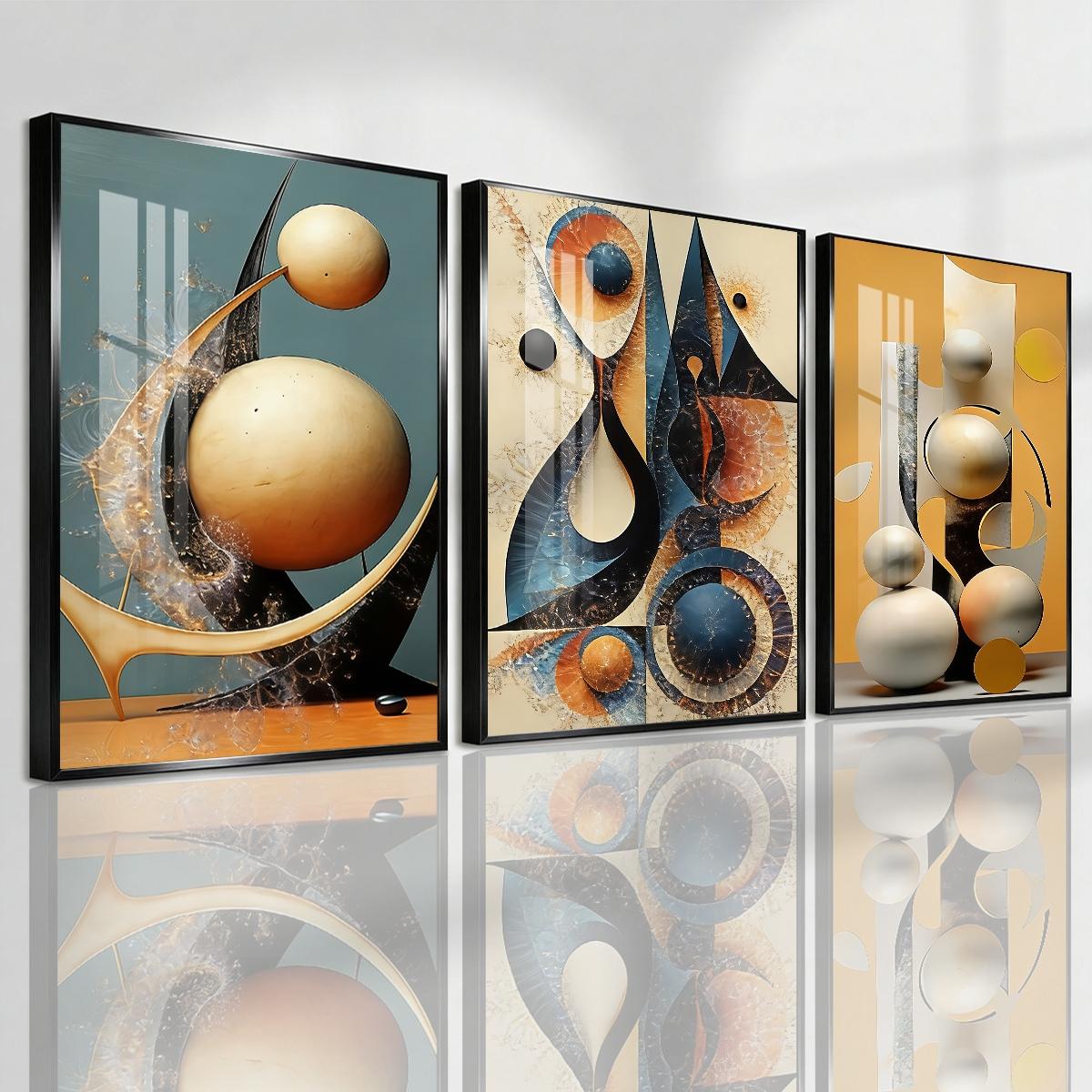 3 Counts Aluminum Alloy Framed Painting, Abstract Geometric Shapes And Spheres Art Pictures, Home Decoration For Living Room, Bedroom, Office, Restaurant, Hallway Wall Decor, Odorless Print Artwork, Luxury Perfect Gift For Friends And Family