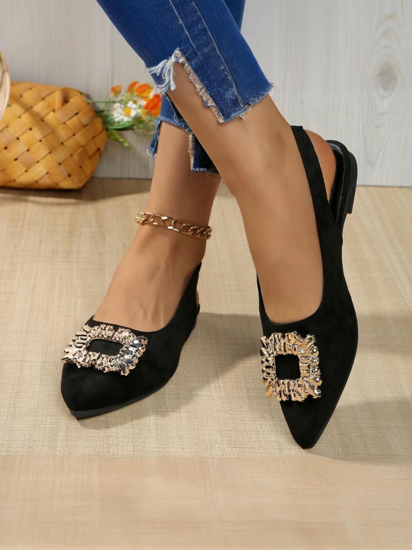 Women's Fashionable Pointed Toe Flat Shoes, Metal Buckle Decor, Slip-On Casual Sneakers, Perfect for Dresses & Pants