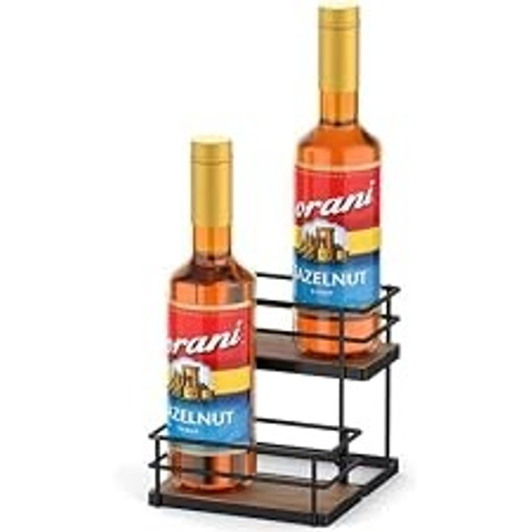 Rotating Coffee Syrup Organizer for Countertop, 9-Bottle Wooden Syrup Rack & Bottle Holder for Coffee Bar Station, Turntable Display Stand, Black