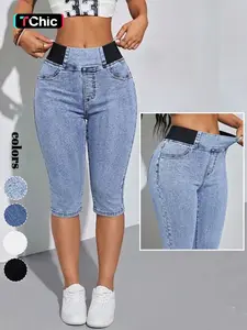 GILIPUR Women's Solid Color Mid-Rise Stretch Denim Capri Pants, Elastic Waistband Slim Fit Skinny Capris Jeans, Casual Comfortable Pull On Jean Trousers for Summer, Daily & Outdoor TChic