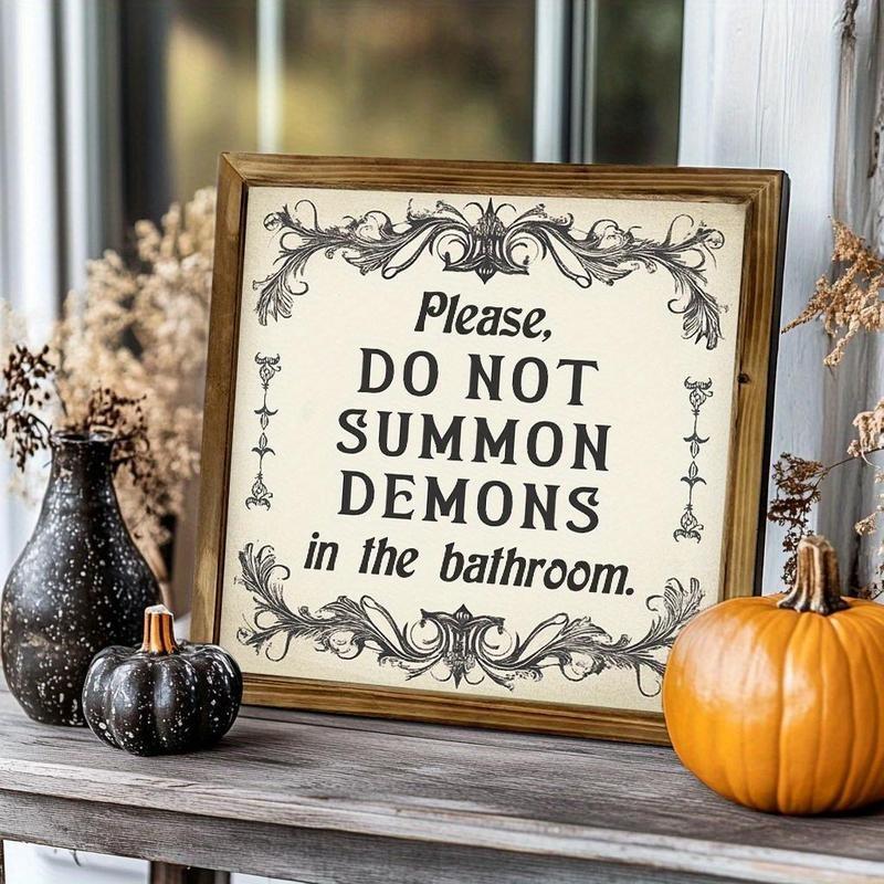 Funny Dark Humor Rustic Vintage Style Gothic Wooden Framed Sign, Please Do Not Summon Demons in the Bathroom, Halloween Year-Round Spooky Decor