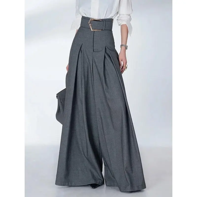 Grey High Waist Wide Leg Pants With Decorative Belt Women Pleated Loose Fit Formal Suit Trousers Elegant Office Street Wear Trendy Baggy Long Bottoms Casual All‑Match Daily Outfit