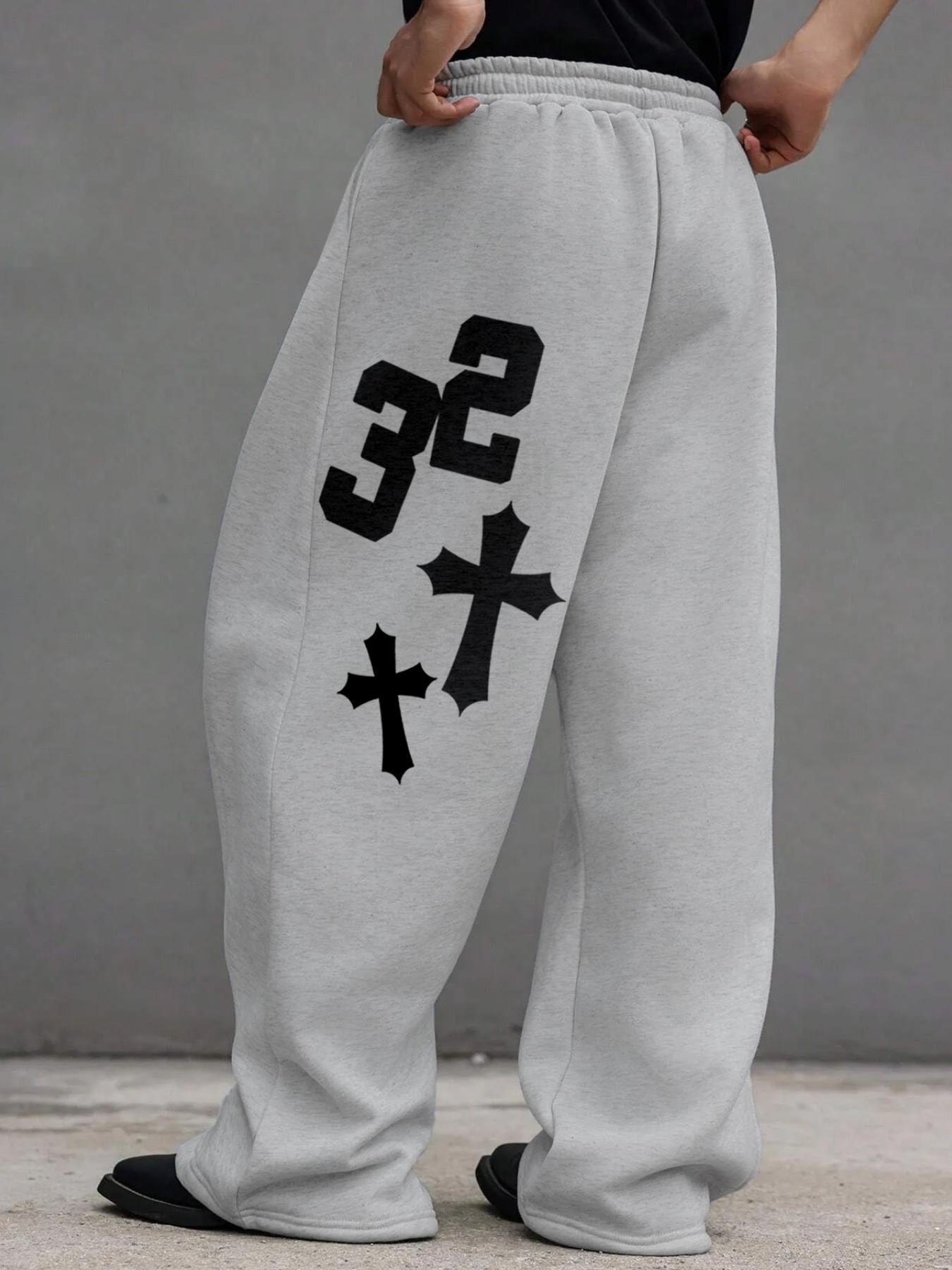 Men's Waist Drawstring Straight Leg Pants, Creative Number Cross Print, Comfortable Casual Daily Wear, Fall Winter Men's Pants