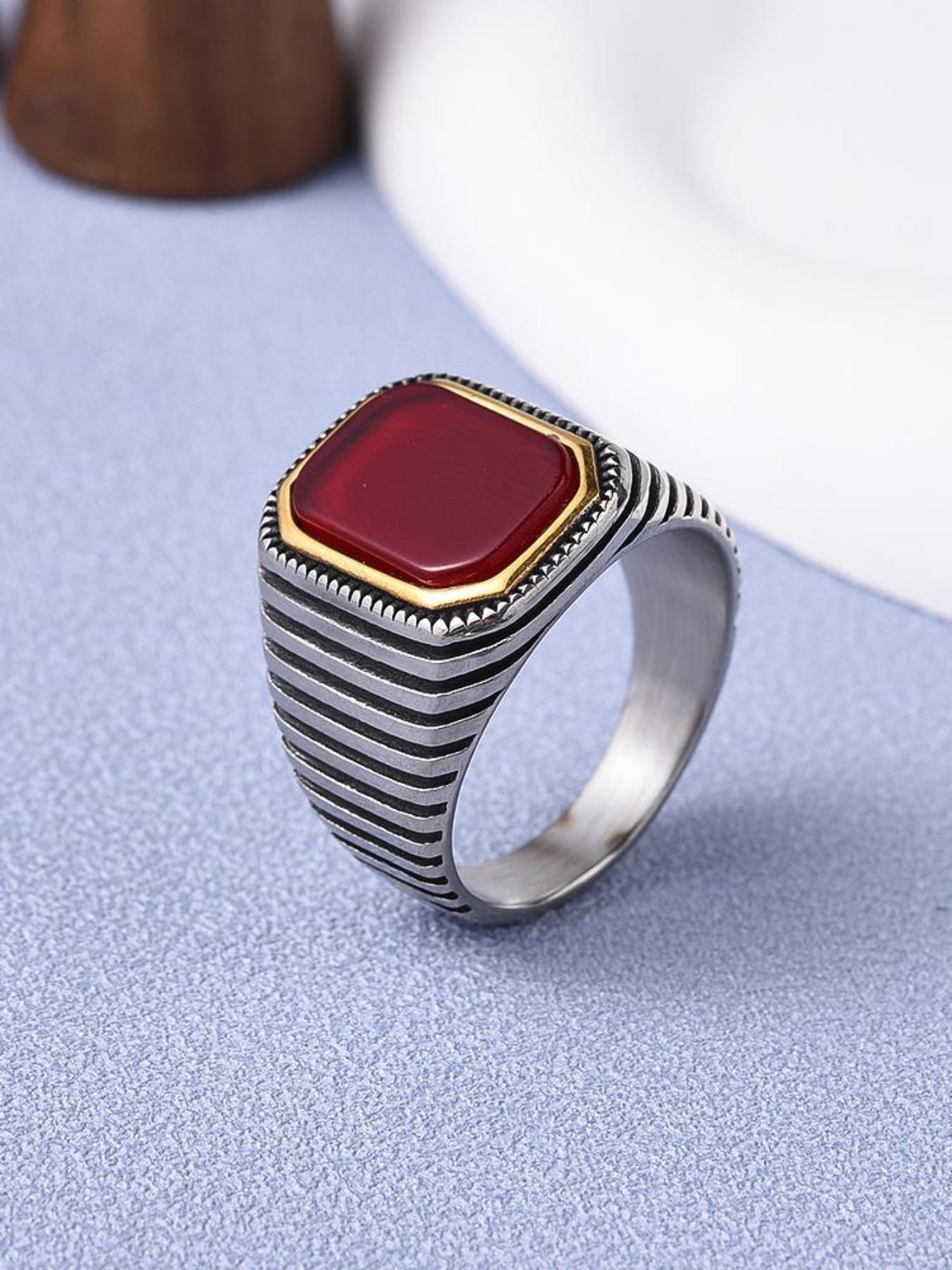 Men's Luxury Gemstone Ring, 18K Gold Plated Stainless Steel, Red Corundum Square Diamond with Strong Design Sense