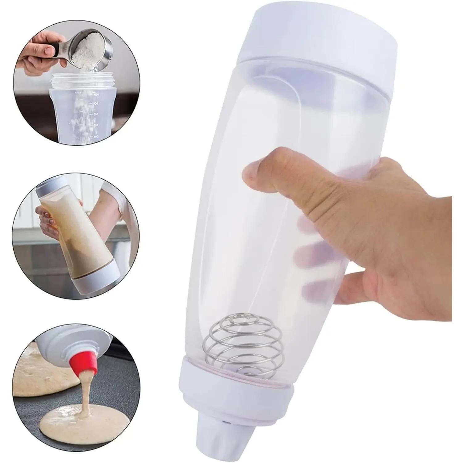Pancake Batter Dispenser Bottle and Mixer with Blenderball, Easy Pour Spout, 4.5 Cup Capacity, Reusable Plastic Silicone, Kitchen Bakeware