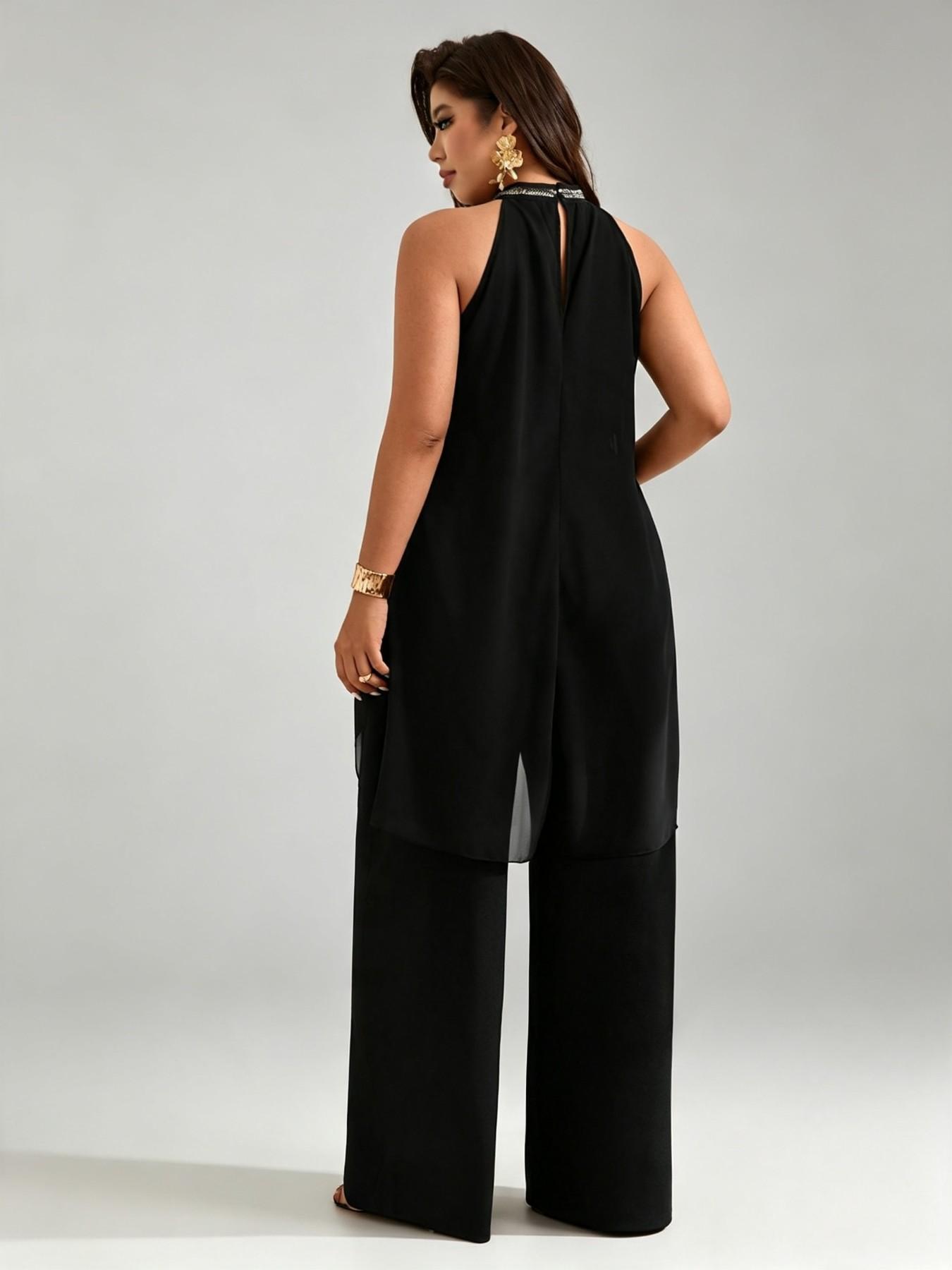 Luxury Party Style Aesthetic Plus Size Two-Piece Set, Ruched Halter Neck Sequin Top, Sleeveless Chiffon Blouse, Loose Fit Slimming Wide Leg Pants Set