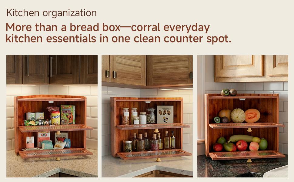 Corner Bread Box for Countertop, Large Wooden Farmhouse Vintage 2 Tier Bread Container for Sourdough Loaf & Homemade Bread, Counter Organizer for Bread, Cup, Fruit, Spice, Snack