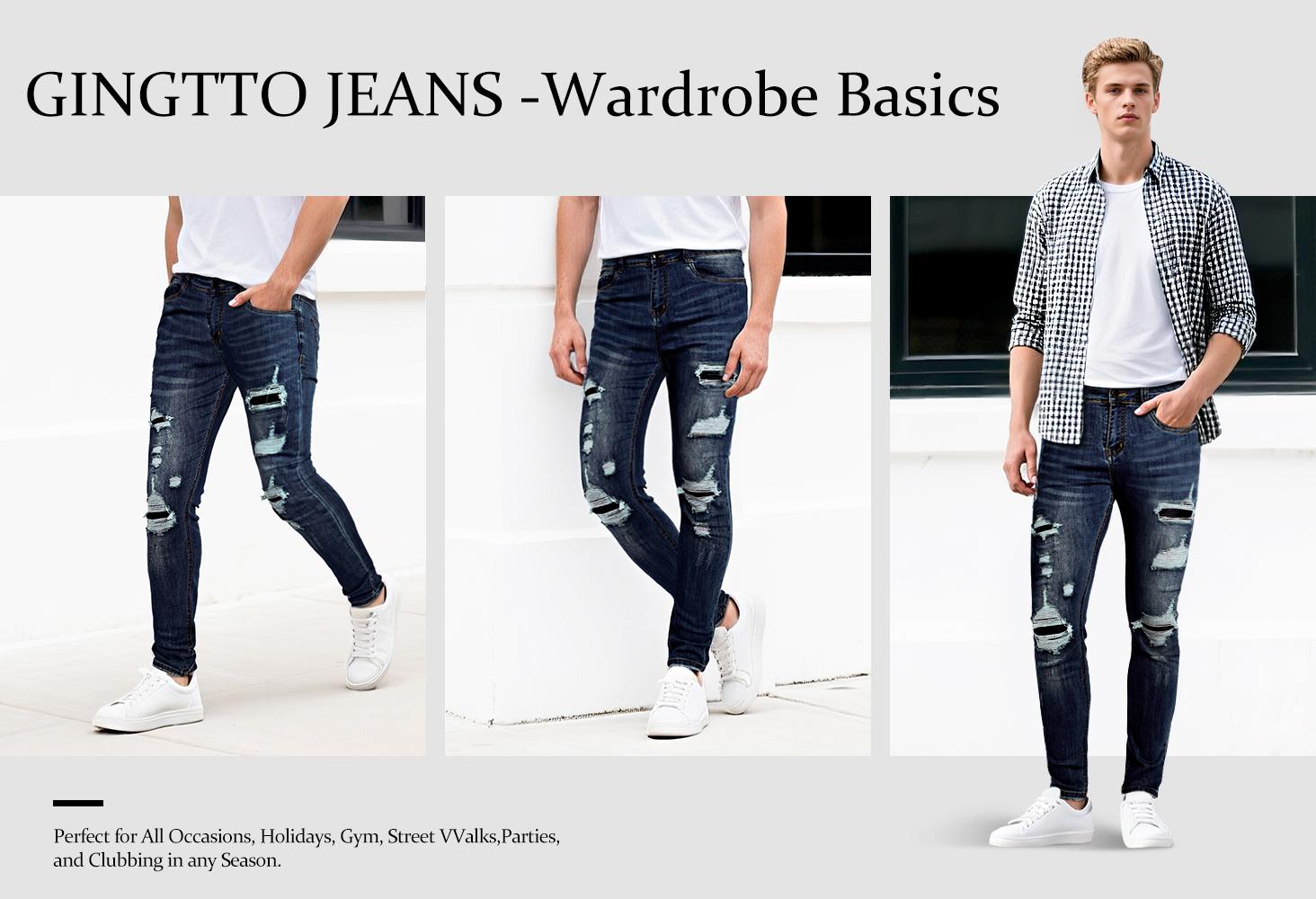 GINGTTO Men's Ripped Stretch Jeans Slim Fit Distressed Skinny Denim Pants Fashion Comfort Tapered Leg