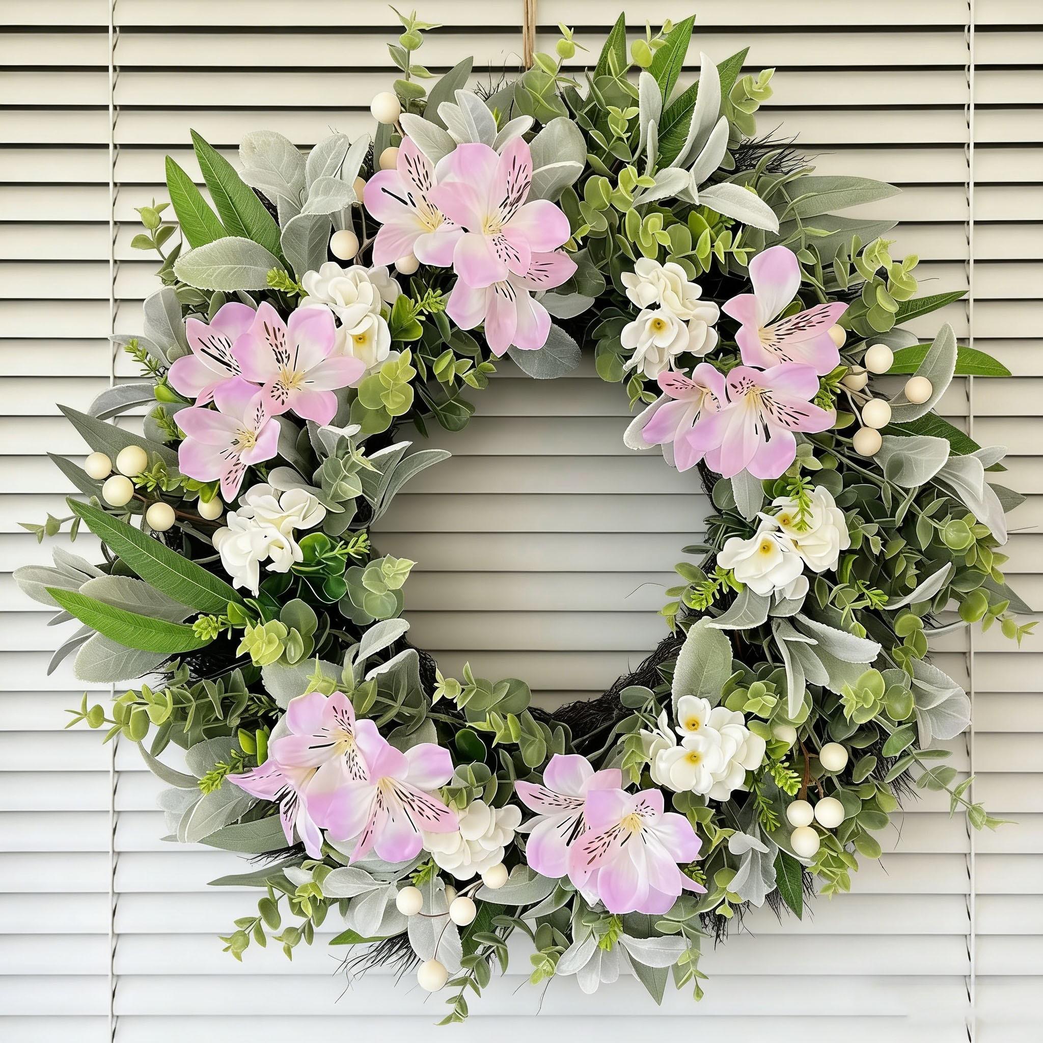 Front Door Wreath, Eucalyptus Leaf Wreath with Flowers and Berries, All-Season Greenery, Farmhouse Home Decor, Indoor Outdoor
