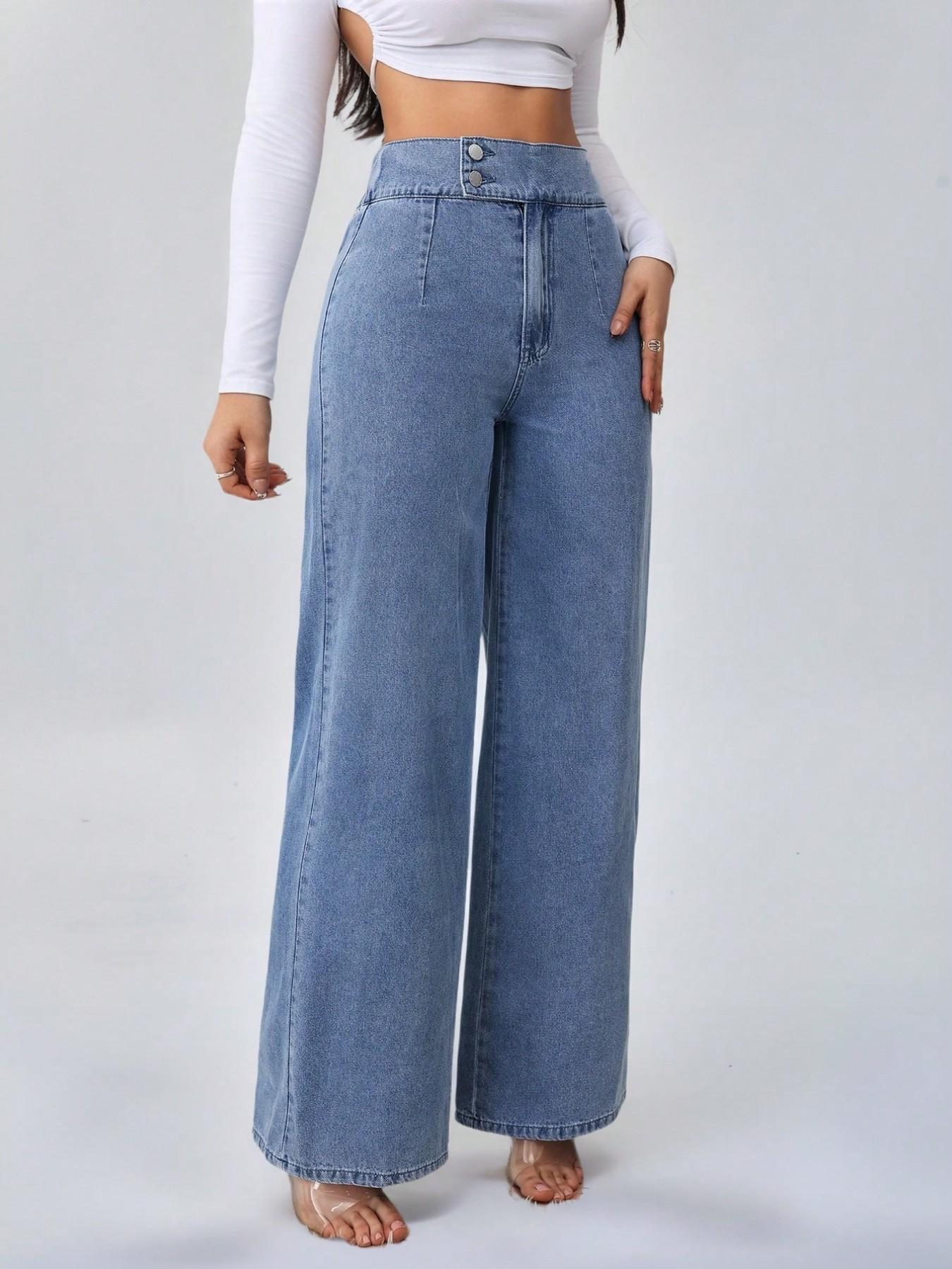 Women's Vintage Elegant High Waist Wide Leg Light Wash Denim Jeans Trouser, Button Front Elastic Waist Loose Fit, Casual Fashion Pants for All Seasons, Womenswear Women's Vintage Elegant High Waist Wide Leg Light Wash Denim Jeans Trouser, Button Front Elastic Waist Loose Fit, Casual Fashion Pants for All Seasons, Womenswear