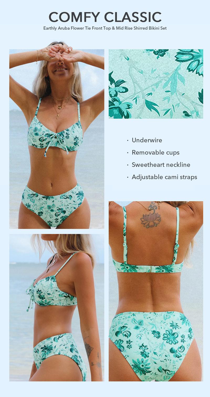 CUPSHE Earthly Aruba Flower Bikini Set | Sweetheart Tie Front Bikini Top & Shirred Bottoms | 2026 Romantic Tropical Floral Swimsuit for Beach Getaway