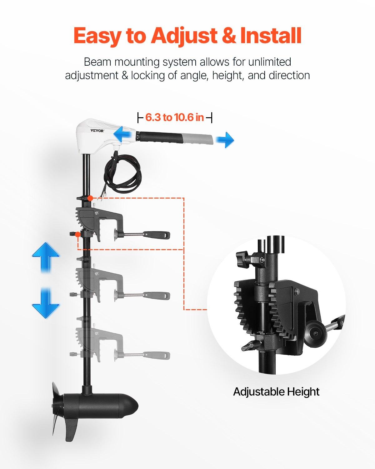 VEVOR Electric Trolling Motor, Transom Mounted Outboard Boat Motors 12V 55lbs Thrust, 8-Speed Electric Boat Engine w/ Battery Indicator, for Kayaks, Fishing Boats on Freshwater/Saltwater, 30-In Shaft
