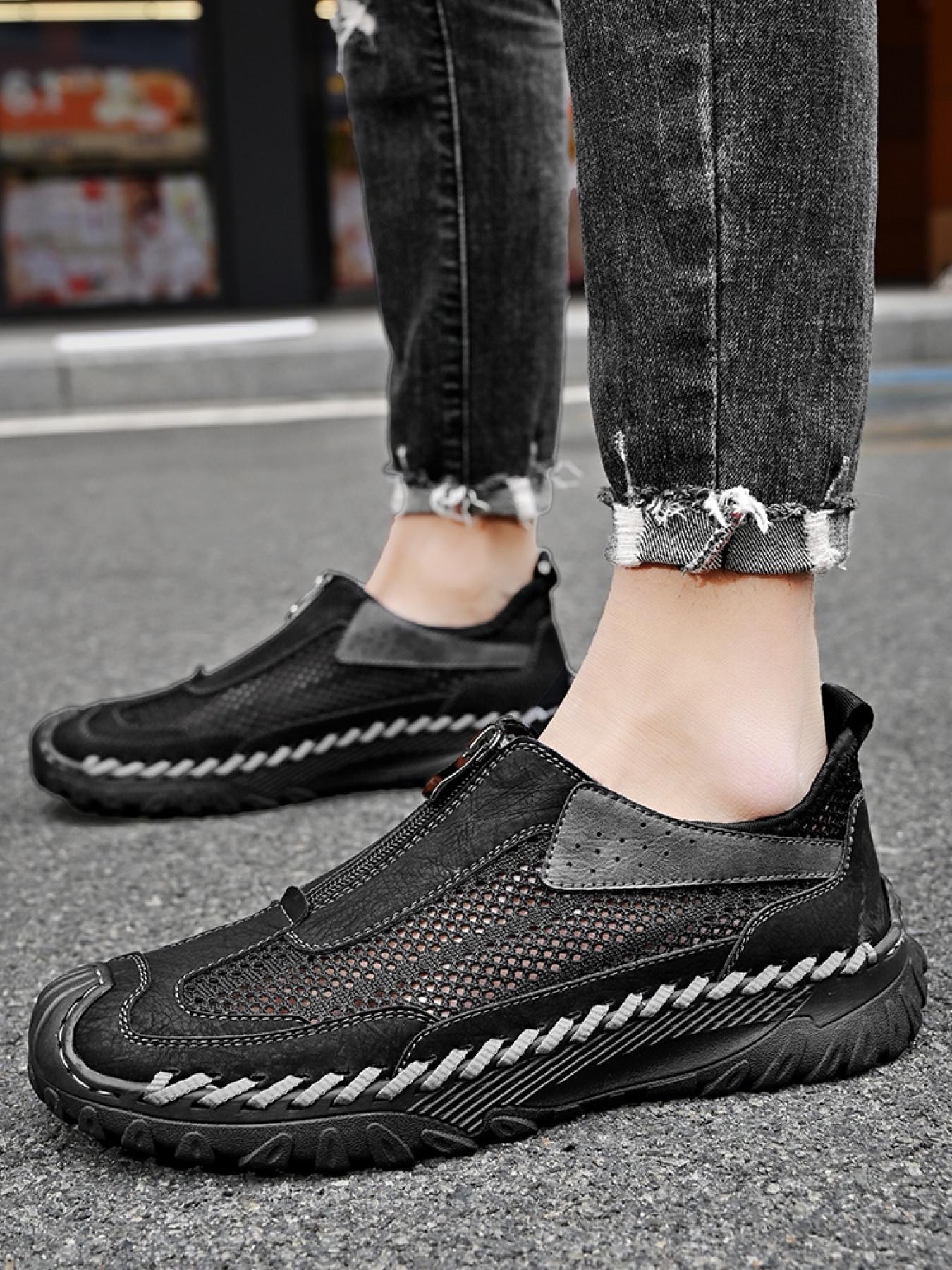 Men's Solid Color Mesh Zipper Toe Casual Shoes, Soft Sole, Non-Slip, Hand-Stitched, Breathable Slip-On Lazy Dad Shoes