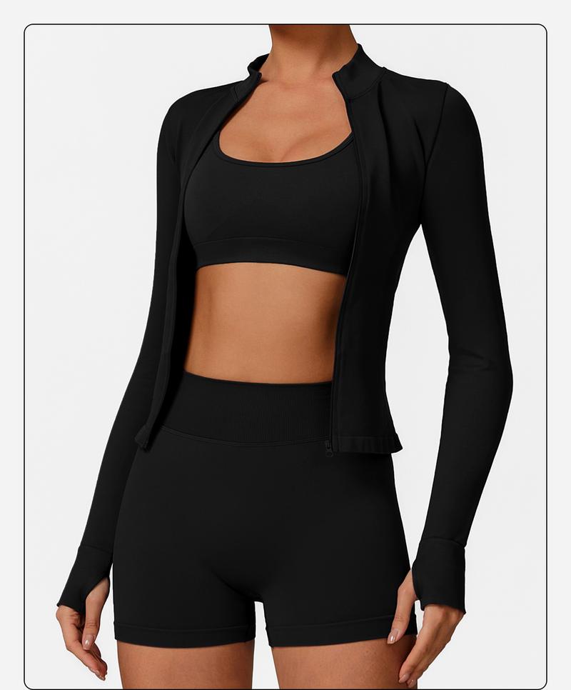 MFVIM 3-Piece Women's Sportswear Set - Solid Color Cross Short Top High-Waisted Leggings Zip Jacket Ultra-Comfortable Yoga Outfit For Fitness Running Gym Sessions Training Clothes Stretchable Activewear