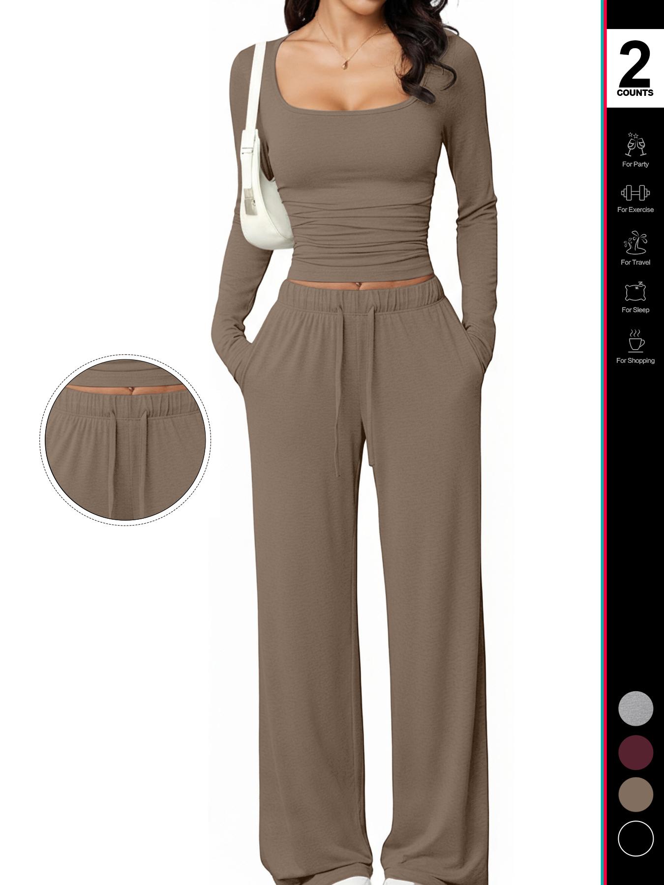 Women's 2 Piece Matching Lounge Set, Fitted Square Neck Long Sleeve Crop Top, High Waisted Wide Leg Drawstring Pants, Casual Sweatsuit