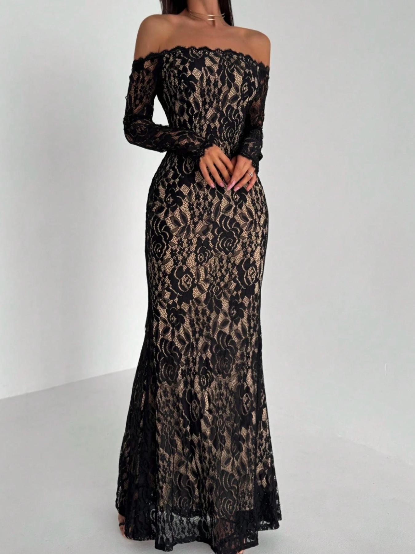 Women's New Sexy Lace Off-Shoulder Romantic Slimming Long Sleeve Mermaid Dress, Perfect for Dating and Parties, Elegant Evening Gown