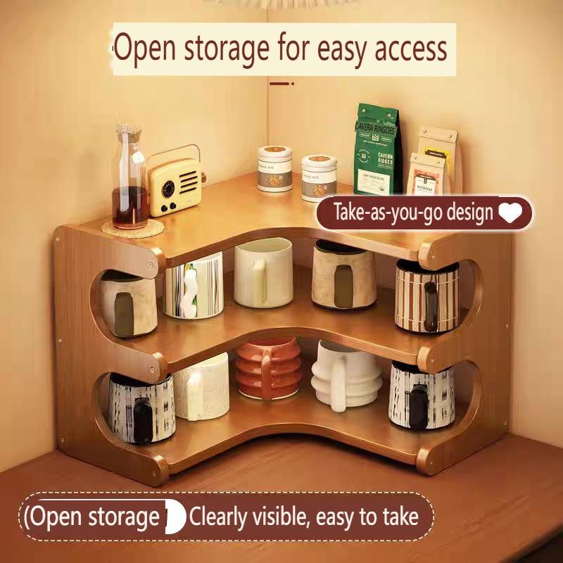 Wooden Corner Storage Rack, Space-Saving Desk Organizer, Multi-Layer Shelf for Cups, Decorations, Plants, Cosmetics, Office Use