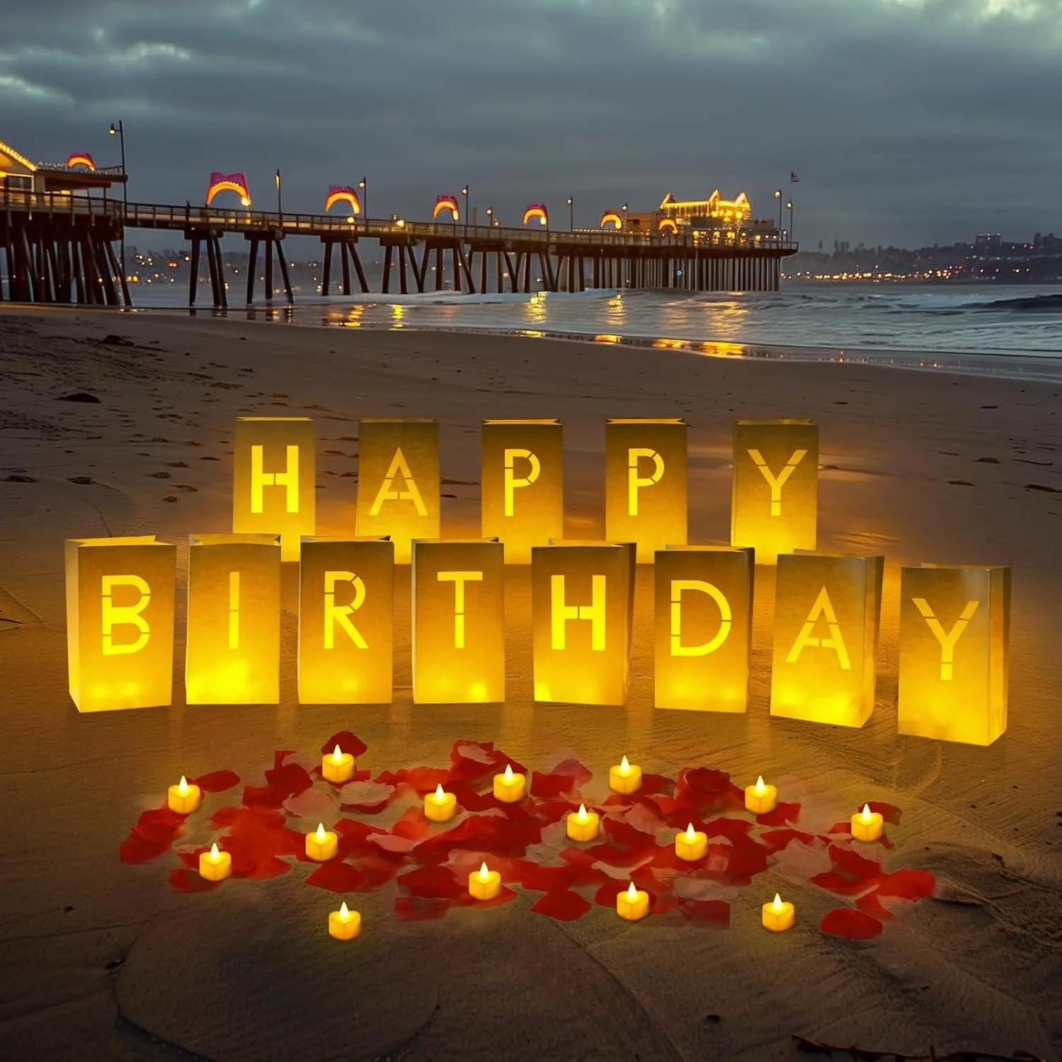 Light Up Letters Luminary Bags Kit with Flameless Candles, Fake Rose Petals & Happy Birthday Sign - Outdoor Lighting, Decorative Lights, Letter Glow Sign for Women Birthday, Romance, Children's Day Festive & Home Decor