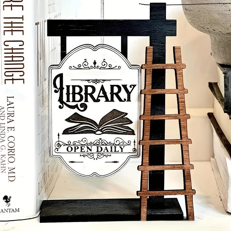 Vintage Wooden Library Sign, Elegant Shelf Design, Mini Desktop Decor, English Text, Home and Office, Desk Accessories, Book Decoration