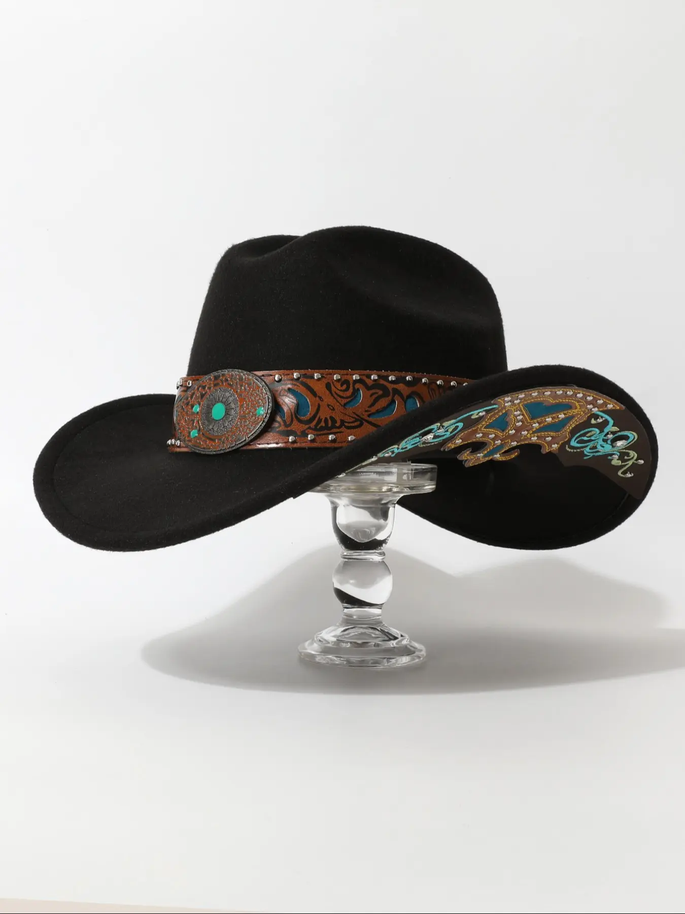 Women's Ethnic Style Cowboy Hat, Cowgirl Hats, Buckle Design Embroidery Brim Patch Decorative Dress Up Hat, Party Western Theme Event Accessory