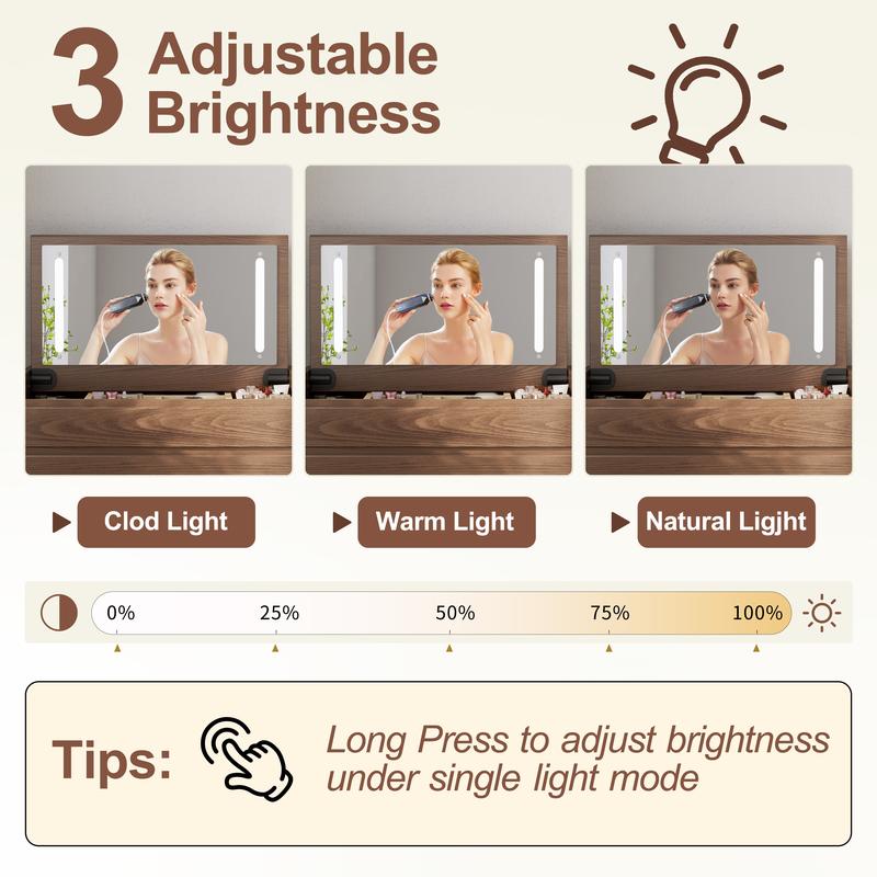 【Eco-Friendly】Elegant Handicraft Vanity, 100% Solid Wood - NO MDF, with Mirror and Lights, Dressing Vanity Table, Large Wooden Make Up Vanity Table for Bedroom (with Adapter)