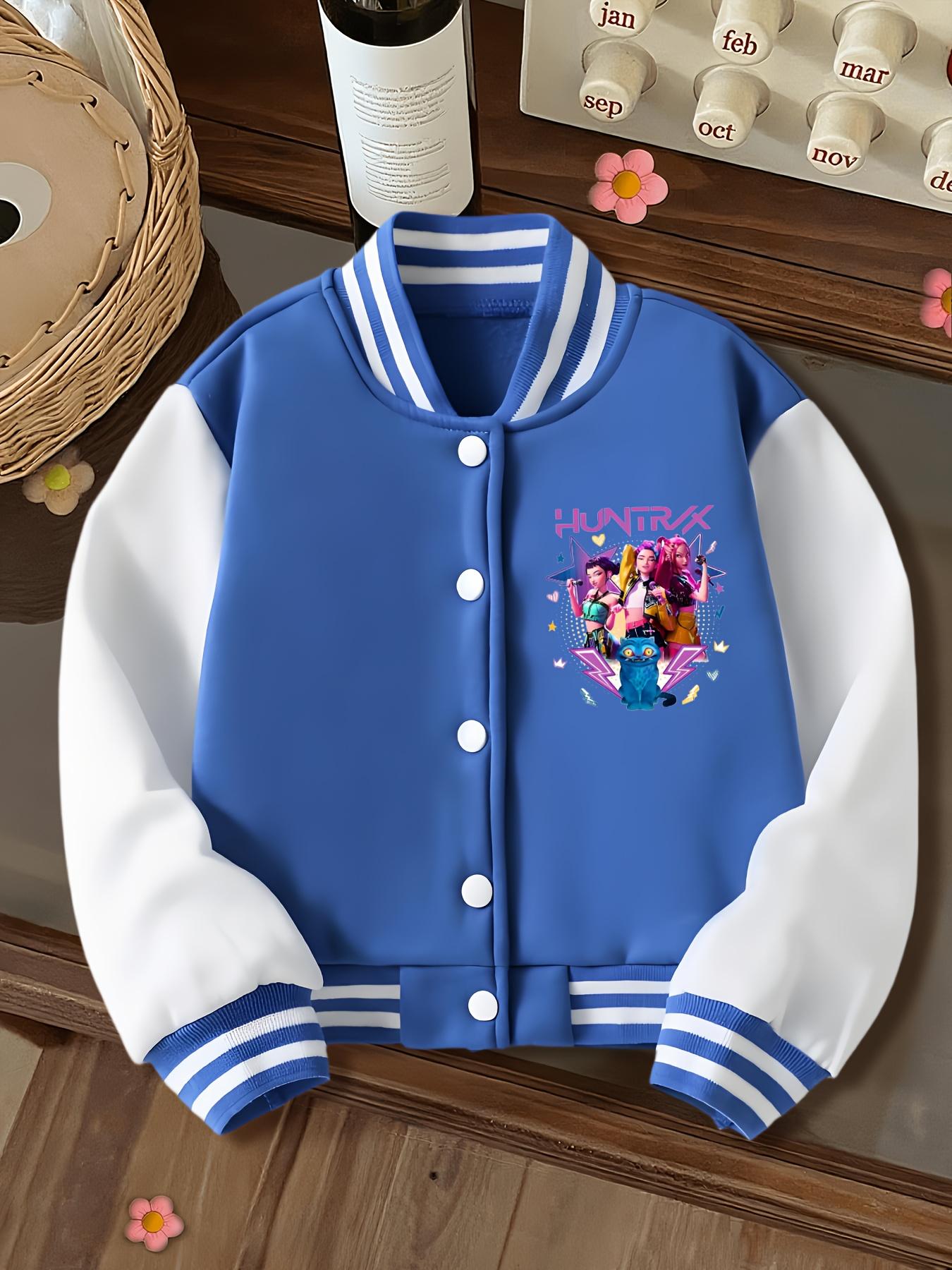 Halloween Girls Short Baseball Collared Jacket, Casual Sports School Uniform, Elastic Fabric, Youth Fashion, Fall & Winter Outerwear