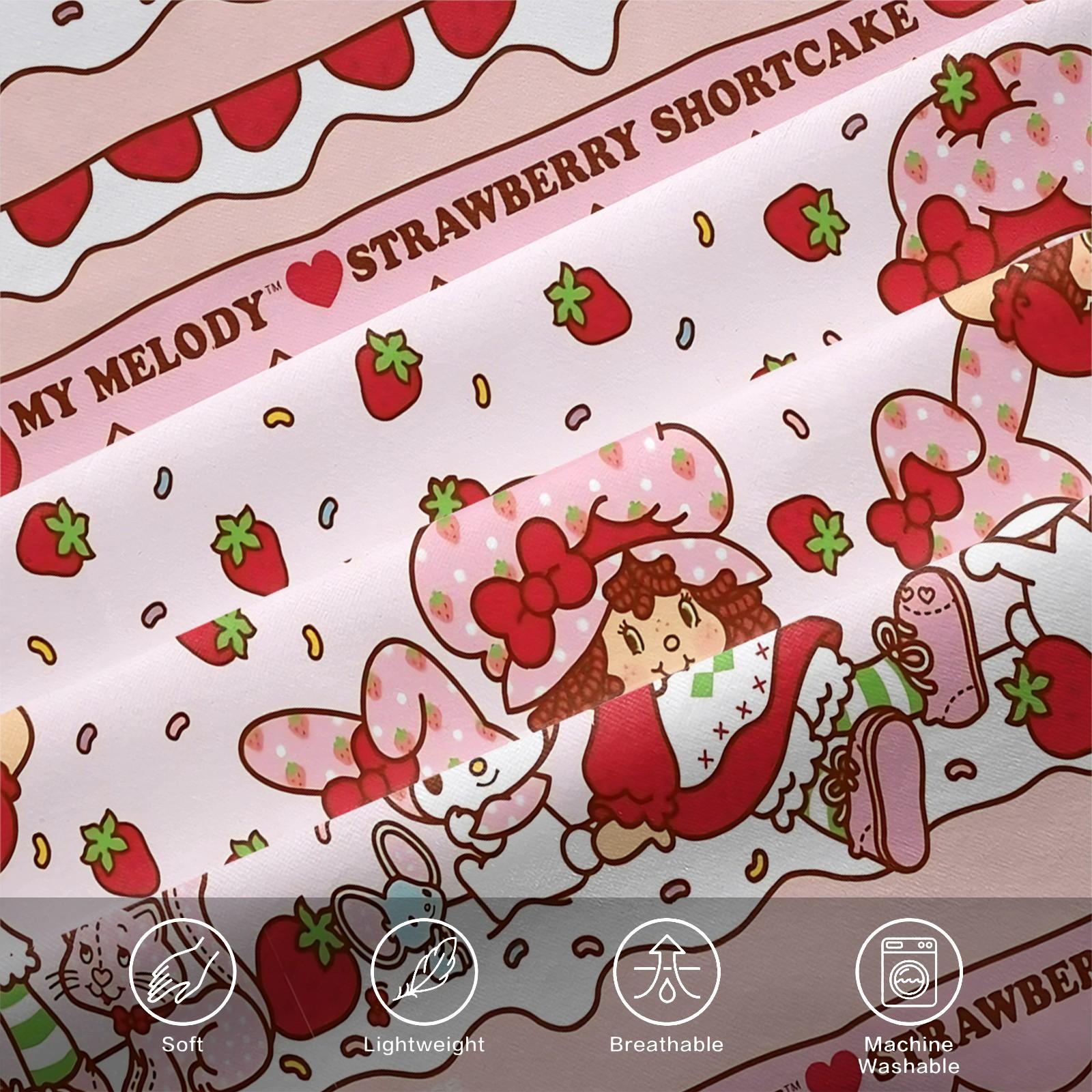 Q Version Strawberry Sweetheart Cartoon Fitted Sheet Set & 2 Pillowcases No Core, Wavy Stripe Design Paired with Cute Cartoon Characters, Soft Anti-Slip Wrinkle-Resistant, Girls' Bedroom Decor, Gift Choice