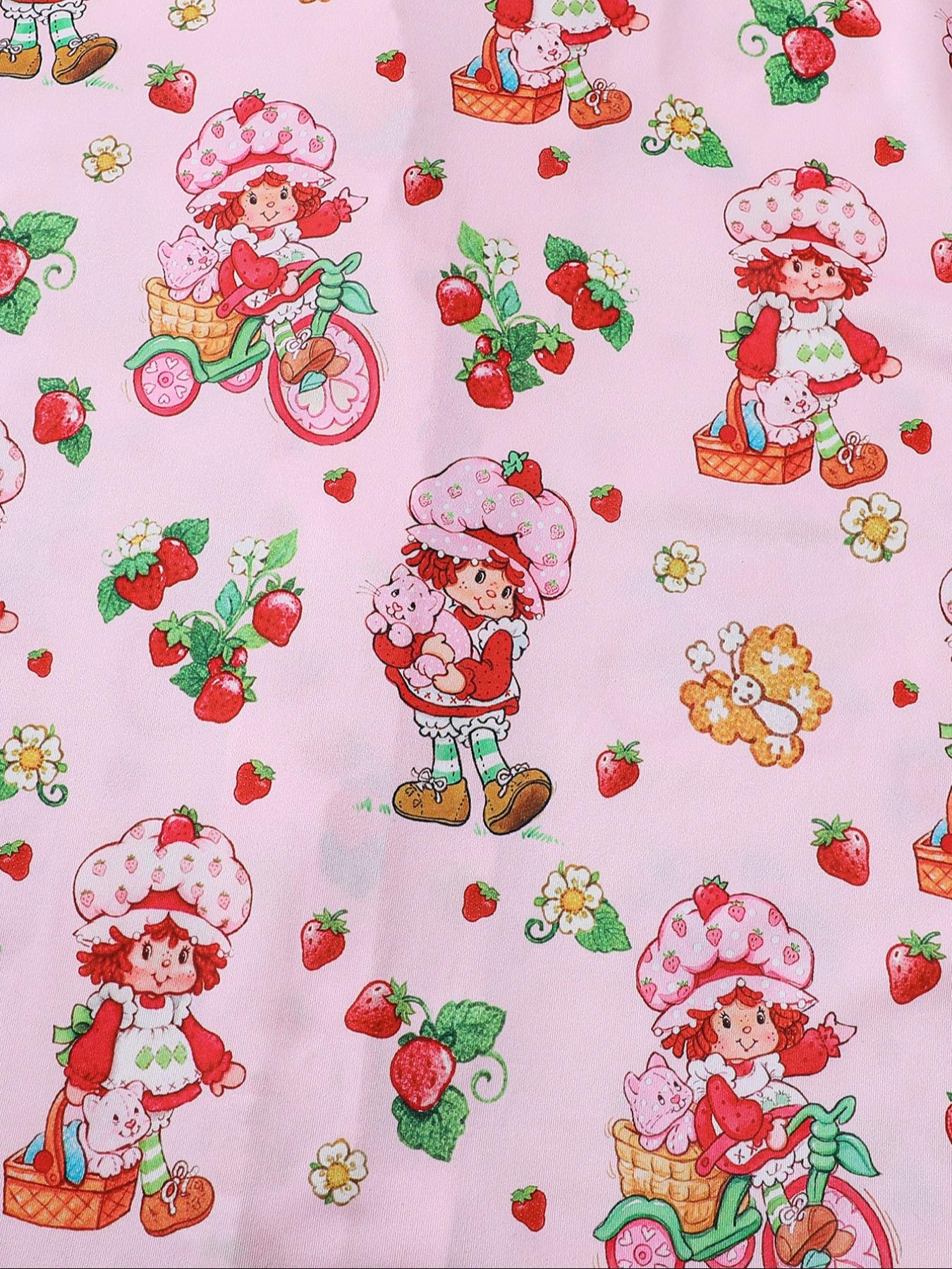 Women's Strawberry Pattern Print Sleepwear Set, Long-Sleeve Button-Up Top & Elastic-Waist Pants, Casual Fall Winter Pajamas, Comfortable Home Wear