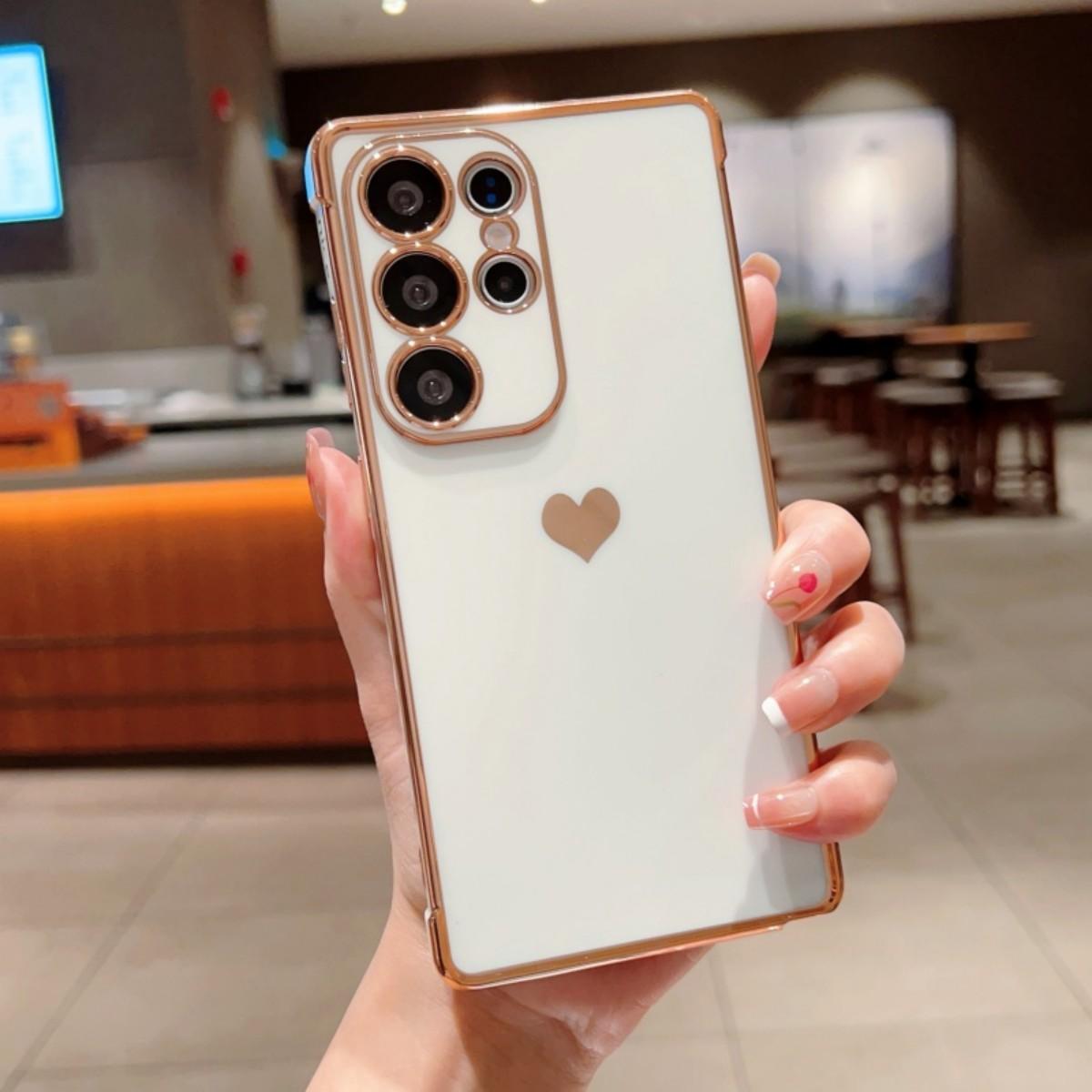 Electroplated Solid Heart Phone Case Cover for Samsung Galaxy S26 S25 S24 S23 S22 S20 Fe S21 Ultra S22 Plus, Multiple Colors Available