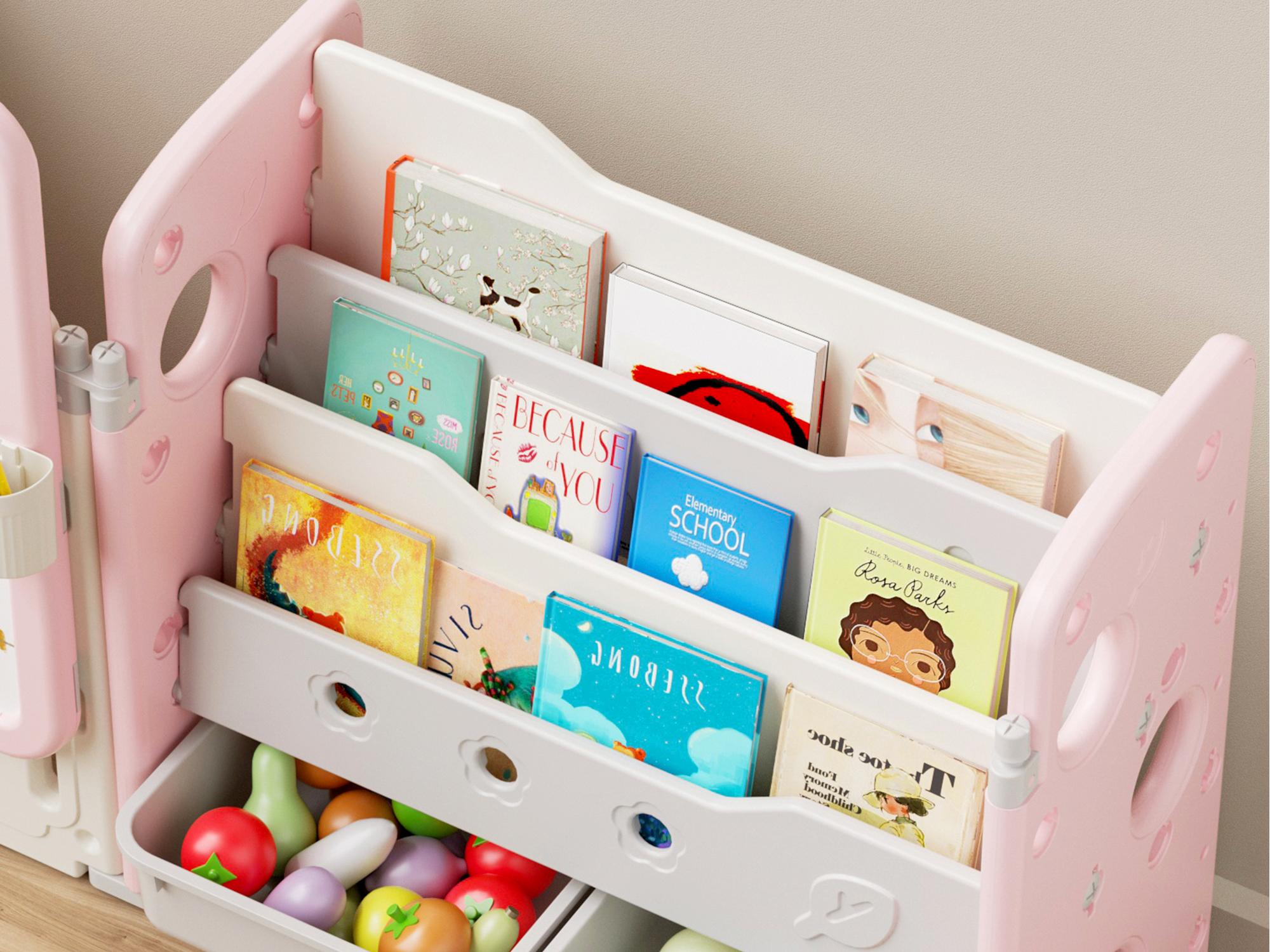 Kids Toy Storage Organizer with 10 Removable Bins, Foldable Toy Organizers and Storage with 3-Tier Bookshelf for Kids Toy Storage Organizer with Drawing Board, Extra 3 Brushes Organizing Room