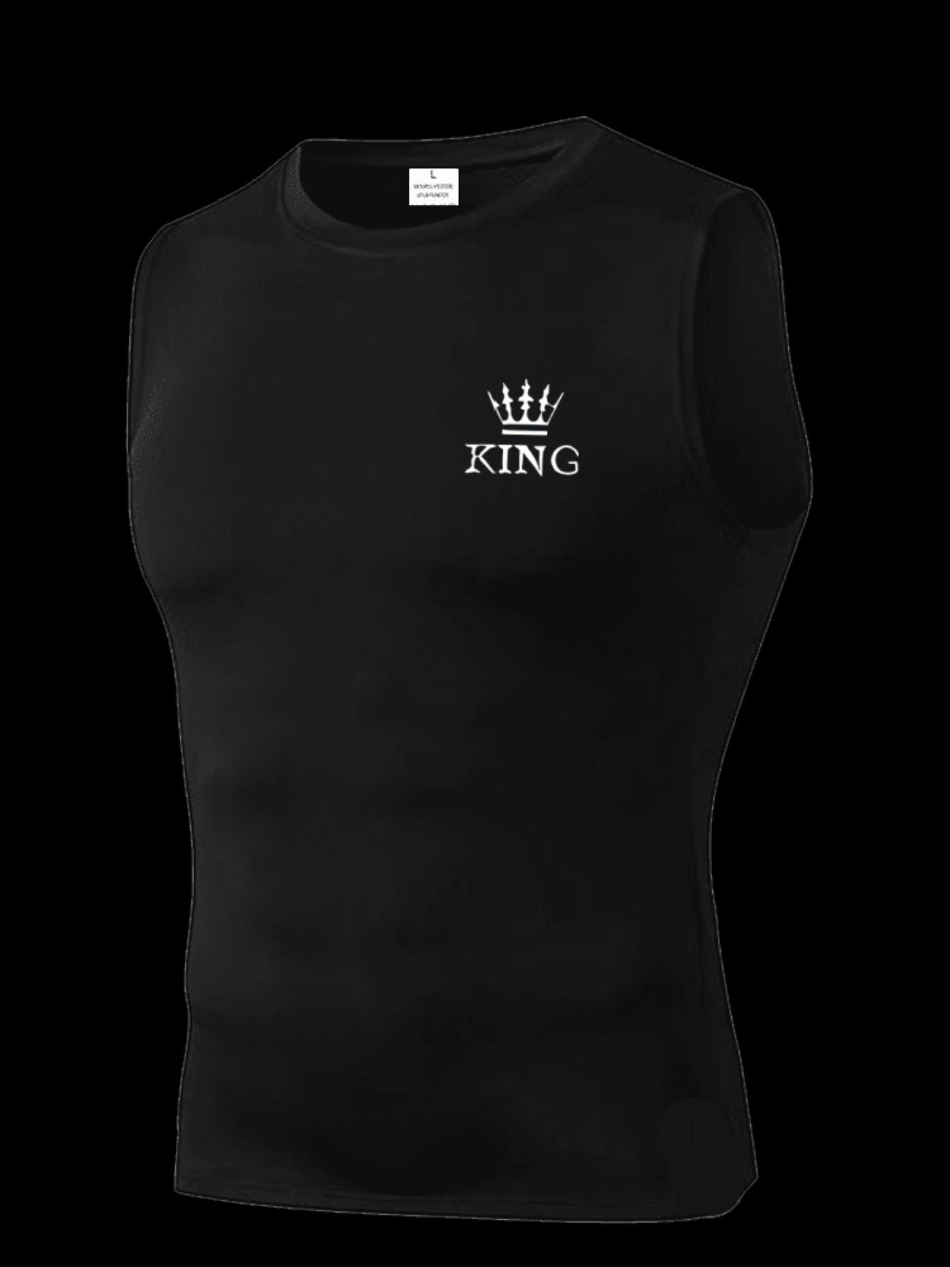 Men's Short Sleeve Sporty Tee, Quick-Dry Breathable Knit Fabric, King Pattern Print, Ideal for Gym, Running, Boxing, Outdoor Activities