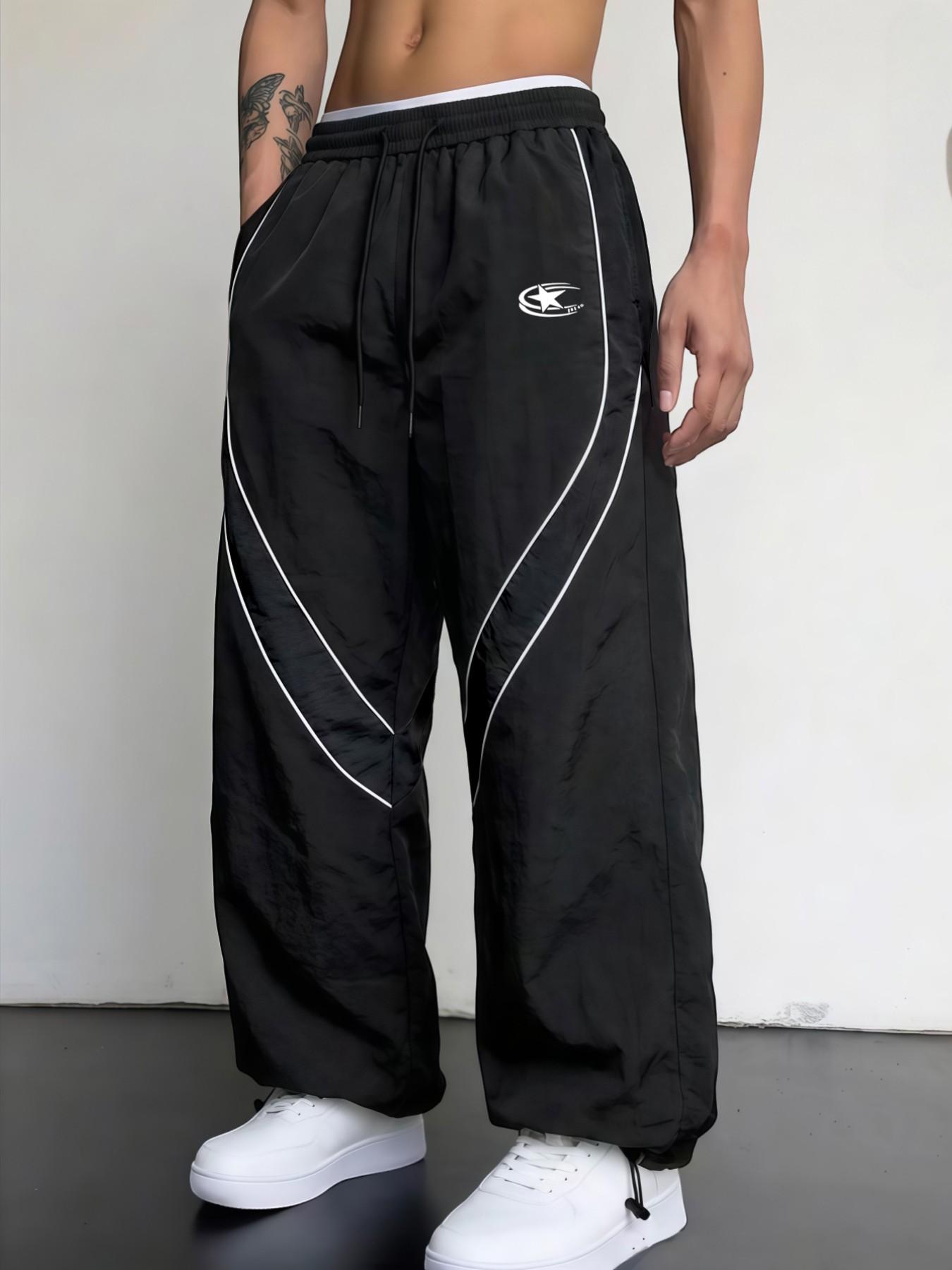 Men's Fashion Print Casual Outdoor Pants, Loose Fit Gym Shorts, Waist Drawstring, Elastic Cuff Design, Nylon Fabric, Lightweight Comfort, Casual Sporty Trousers, Outdoor Sports Pants