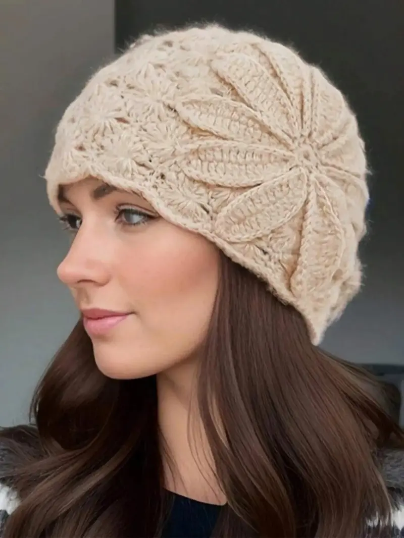 Vintage Floral Crochet Hat, Elegant Women's Knit Cap, Hollow Out Breathable Design, Fashion Accessory for All Seasons, Knitting Beanie, Knitted Cap, Casual Headwear