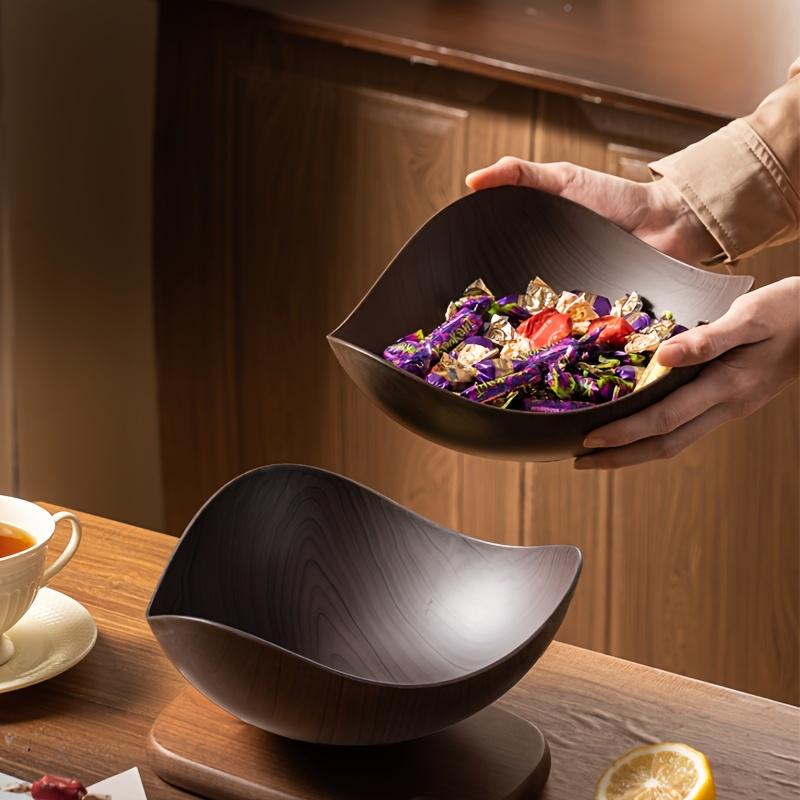 2pc Large Plastic Serving Bowl with Imitation Wood Grain - Dark Brown/Black PP Party Salad & Candy Dish, Durable Fruit Bowl for Buffet, Wedding, Banquet, Picnic - Easy-Clean Tableware Container