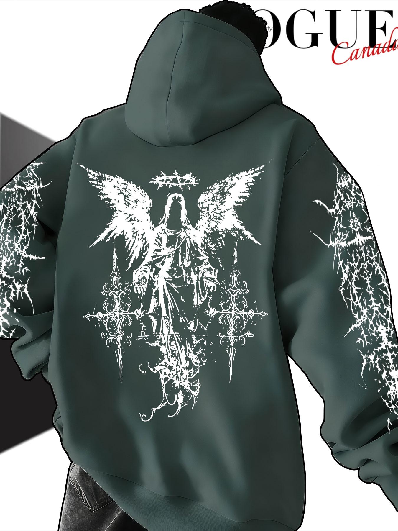 Men's Hooded Sweatshirt Fall Winter, Thorns Angel Cross Print, Gothic Style Loose Fit, Casual Random Pattern, Non-Outer Vest