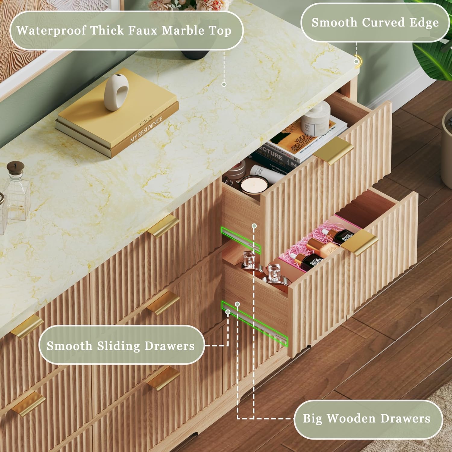 Fluted Dresser for Bedroom with 7 Drawers, 53'' Modern Dressers with Faux Marble Top, Mid Century Chests of Drawers with Gold Handle & Curved Profile, Natural Wood TV Dresser for Bedroom, Living Room