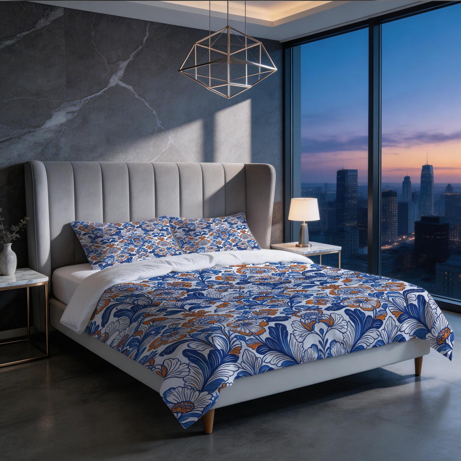 2/3 Piece Bohemian Blue Orange Floral Duvet Cover Set, HD Digital Printed Comforter Cover, Soft Breathable Bedding Set with Zipper & Corner Ties, No Inserts for Bedroom Decor