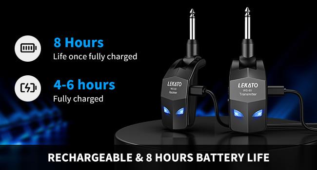 LEKATO WS-80 Wireless Guitar System 2.4Ghz, Audio Wireless Transmitter Receiver with 4 Channels for Electric Guitar and Bass, Rechargeable Guitar Wireless Transmitter and Receiver, for Electric Instruments