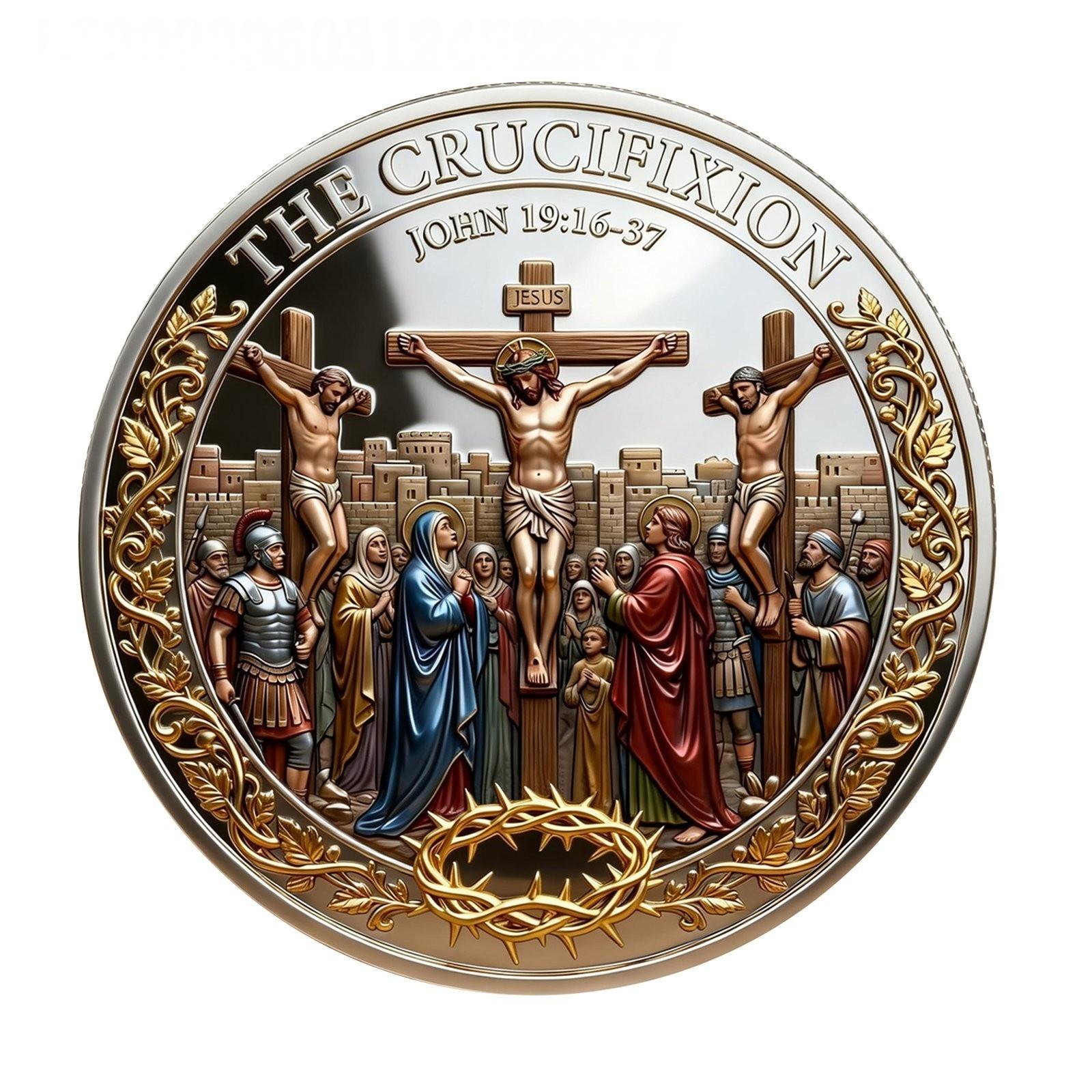 1 Count Cross Design and Resurrection Memorial Coin, Medal Alloy Relief Decorative Keepsake Gift, Religious Ornament for Easter Holiday, Church Decoration, Family Gathering Commemorative Collectibles, Cross Decorations