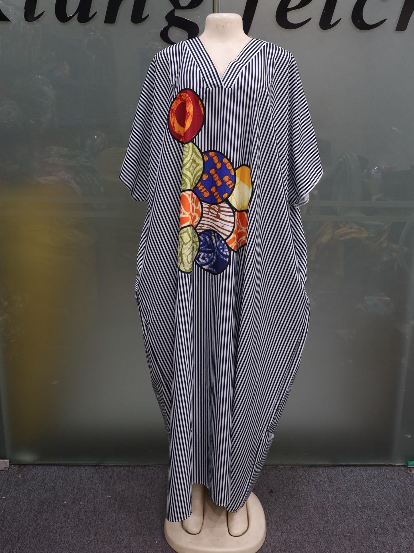 Plus Size Women's Fashion Chic Striped Print V-Neck Dress, Casual Daily Wear, Boho Summer, Ethnic Boubou Kaftan for Party & Beach Plus Size Women's Fashion Chic Striped Print V-Neck Dress, Casual Daily Wear, Boho Summer, Ethnic Boubou Kaftan for Party & Beach