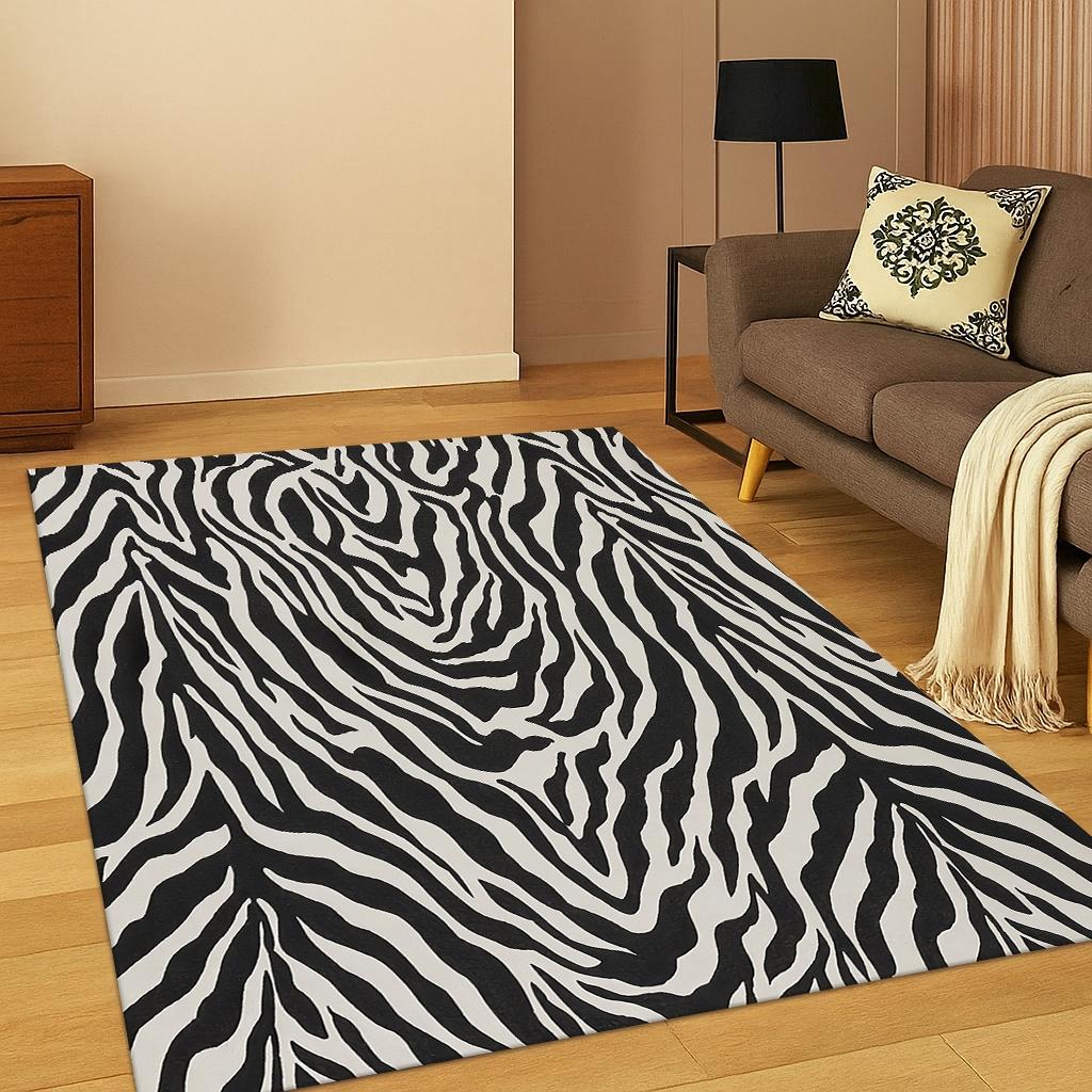 Black White Zebra Print Flannel Area Rug - Modern Animal Stripe Pattern Soft Mat for Living Room, Non-Slip Bohemian Home Decor#ZebraPrintRug #AnimalStripeMat #BohoHomeDecor #ModernCarpet #NonSlipFlannelRug