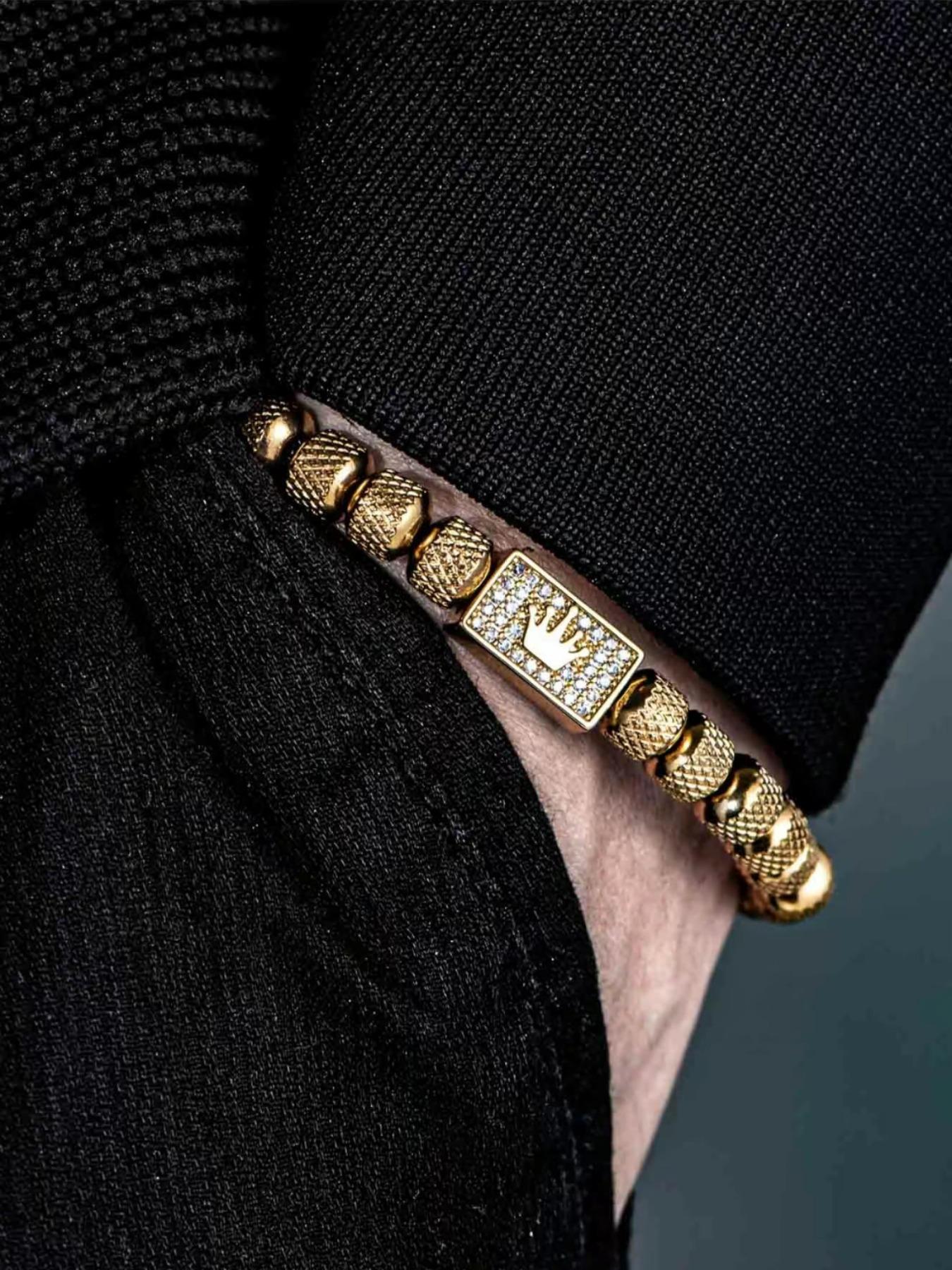 Vintage Stainless Steel Beaded Zircon Crown Bracelet, Adjustable Casual Men's Party Wristband, Chain Print, All Seasons