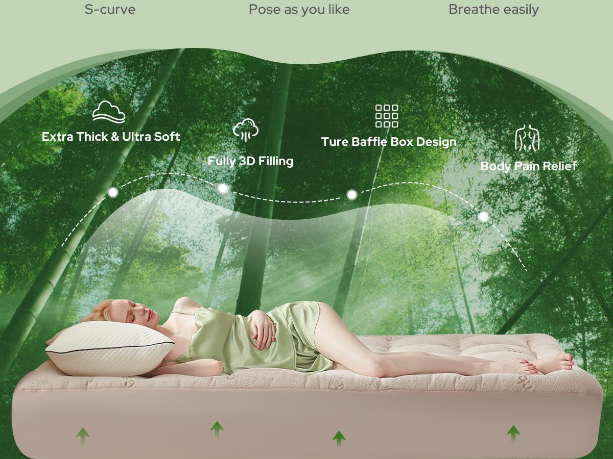 【BEDLORE】Mattress Topper Viscose Derived from Bamboo 2-Inch Plush Padding Soft Breathable for Back Pain Relief Fits 6-18 Inches Mattresses Cool Bed Accessories