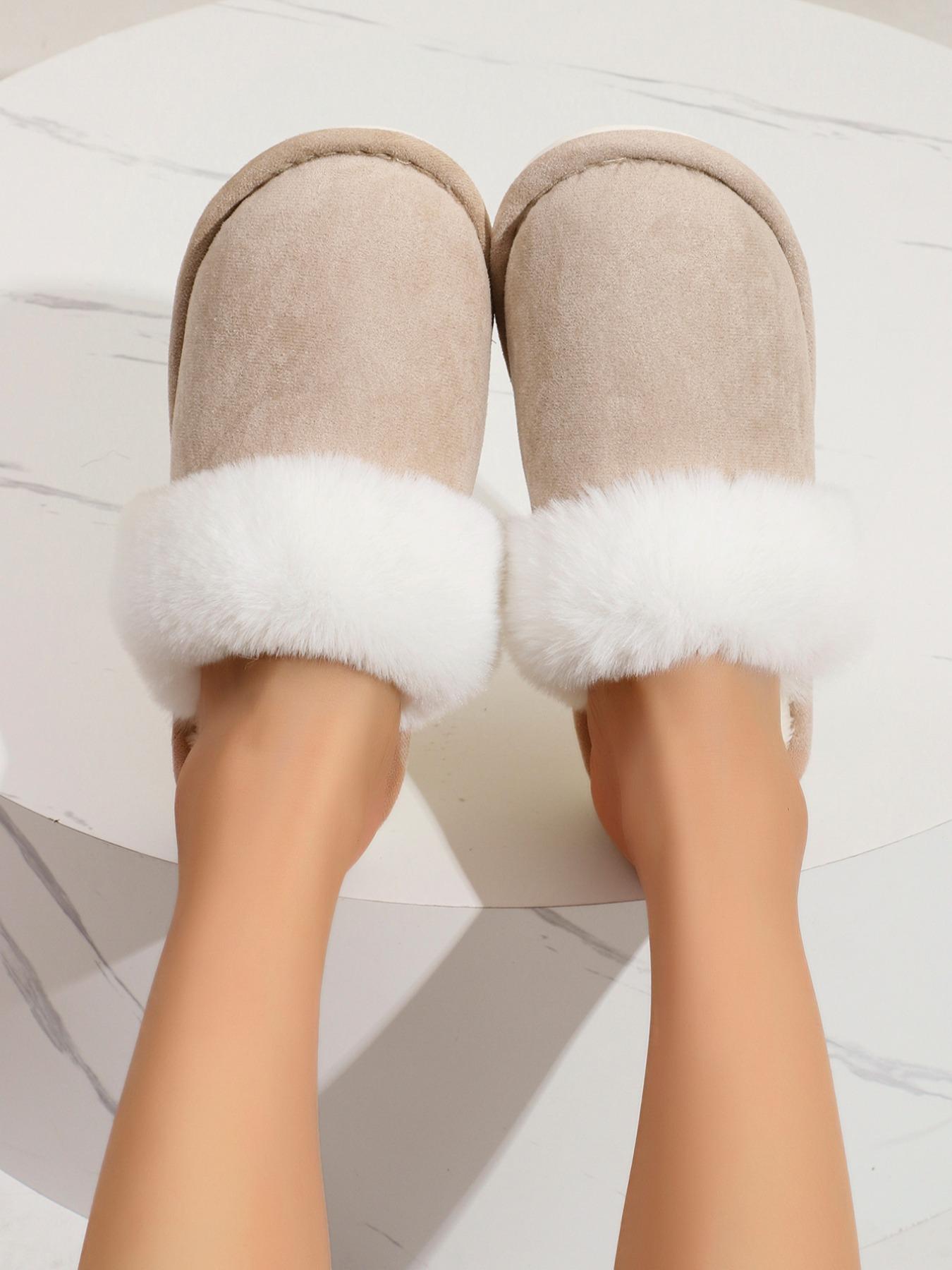 Women's Contrast Faux Fur Design Plush Slippers, Casual Soft Comfortable Home Slippers, Warm Slippers for Indoor & Outdoor Use for Fall & Winter