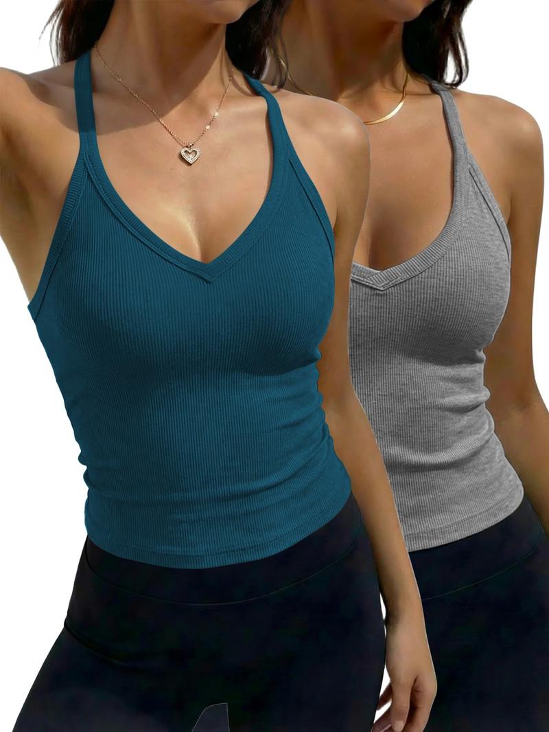 Women's Solid Racerback Tank Top, Casual Sleeveless Deep V- Neck Top for Summer, Ladies Clothes for Daily Wear, Breathable Sleeveless Tops